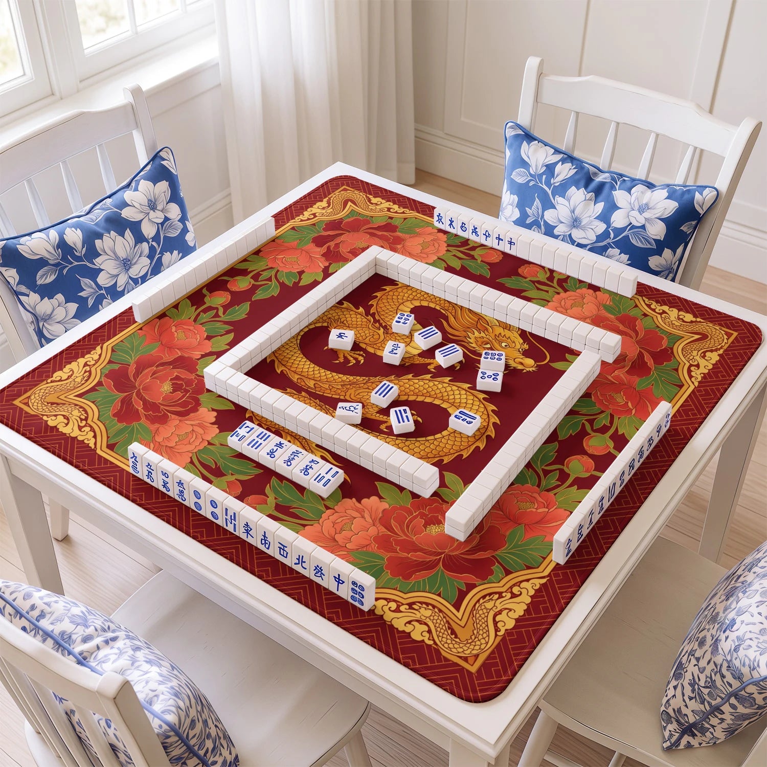 Red Dragon Peony mahjong mat with tiles and racks on the table