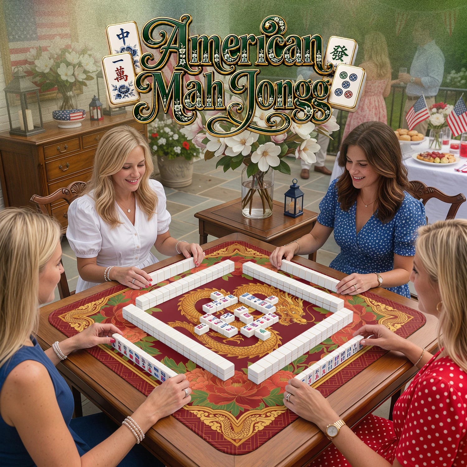 Red Dragon Peony – non-slip mahjong table mat detail