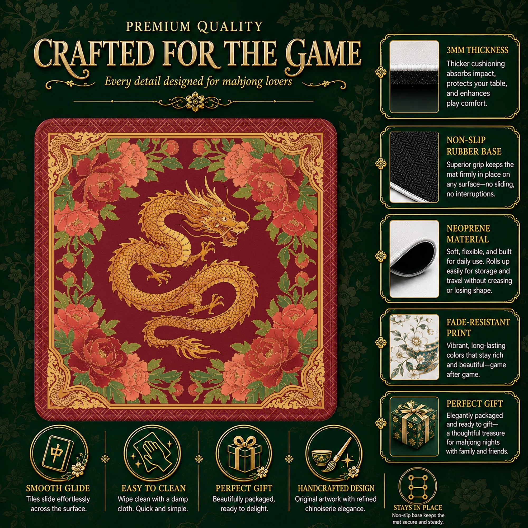 Red Dragon Peony Mahjong Mat – neoprene mah jongg table mat