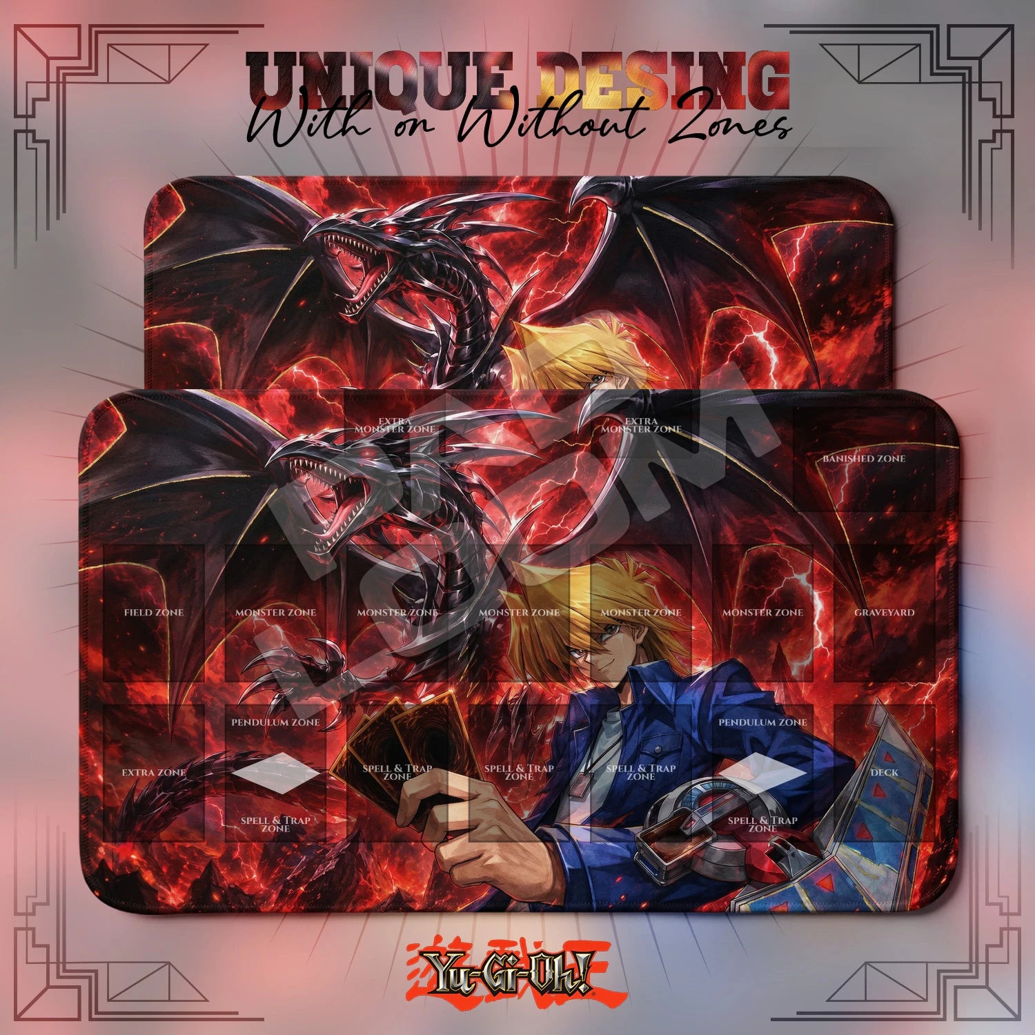 Red-Eyes Storm Playmat – With Zones and Without Zones layouts compared
