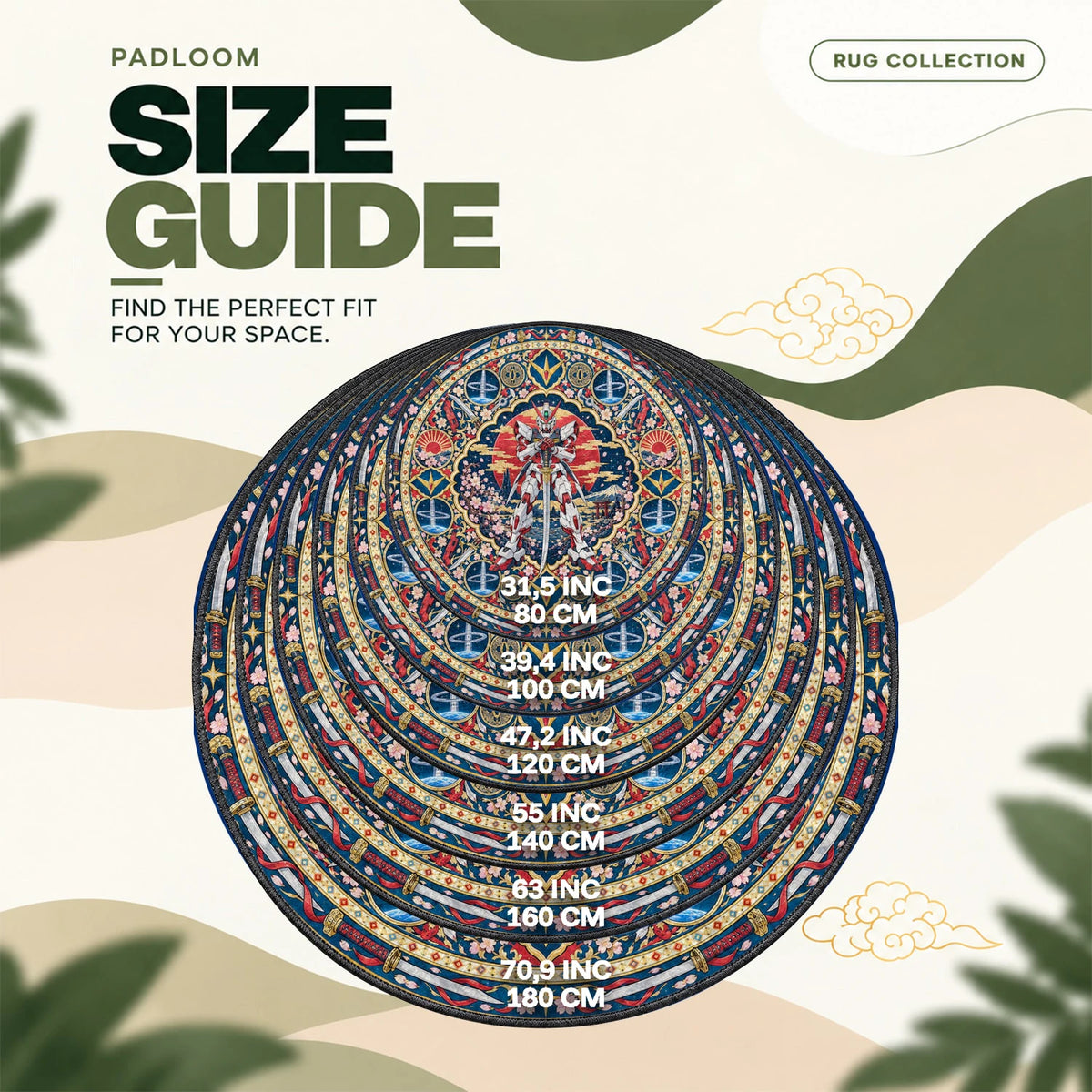Red Frame Sakura round rug size guide, 80 to 180 cm (31.5 to 70.9 in)