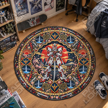 Red Frame Sakura Gundam round rug on a bedroom floor - Gundam chair mat