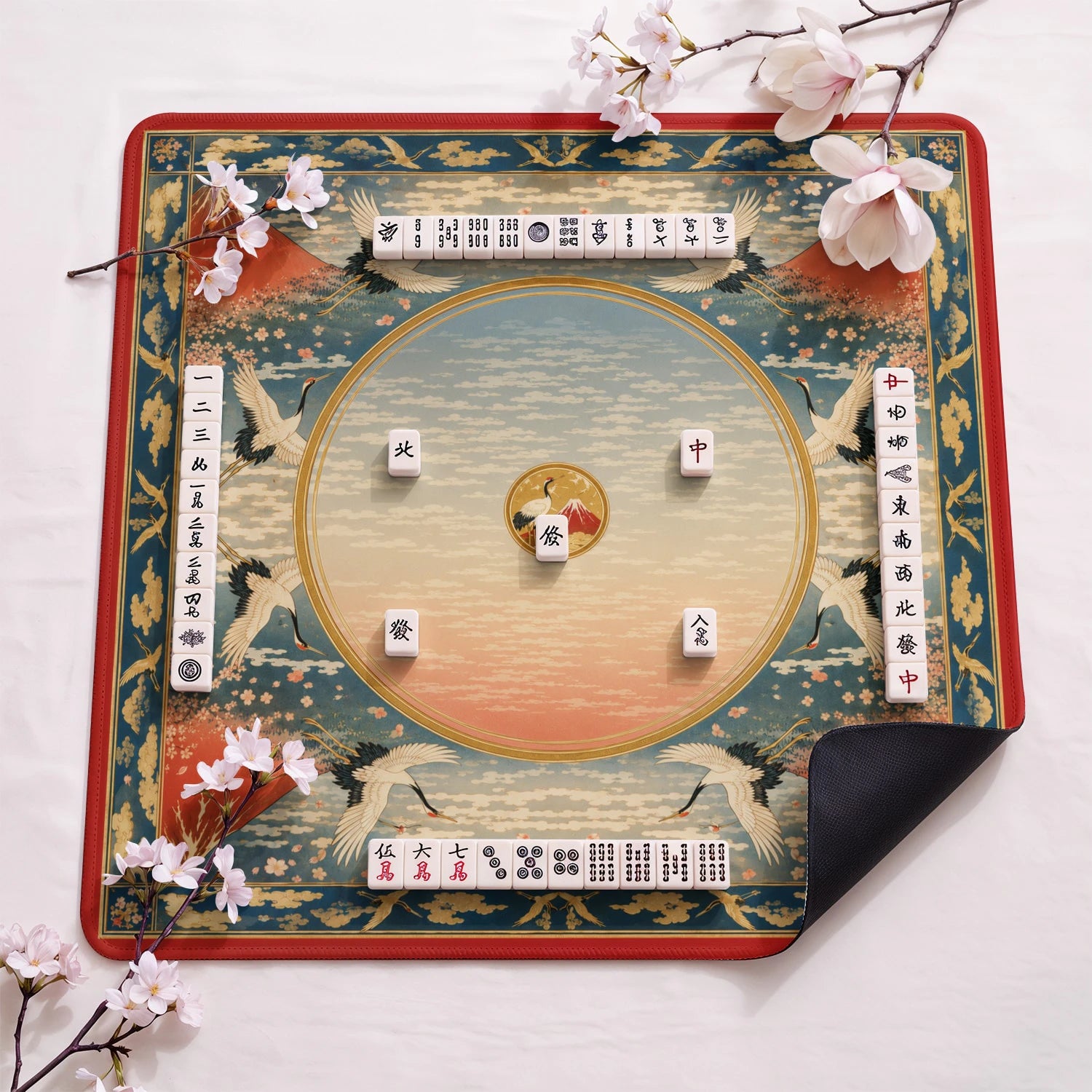 Red Fuji Crane design close-up on mahjong mat surface