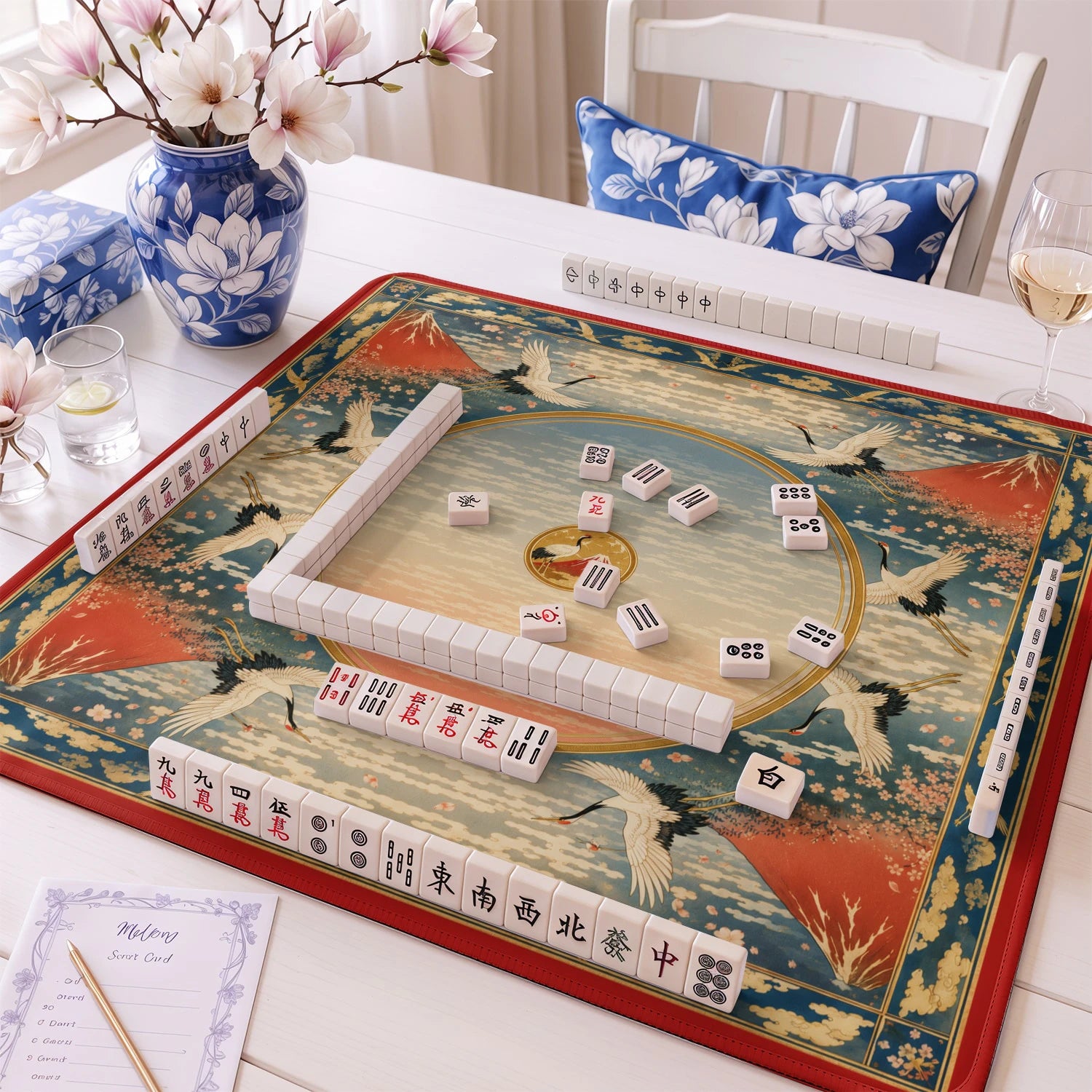 Red Fuji Crane mahjong mat – M (60x60 cm) and L (81x81 cm) sizes