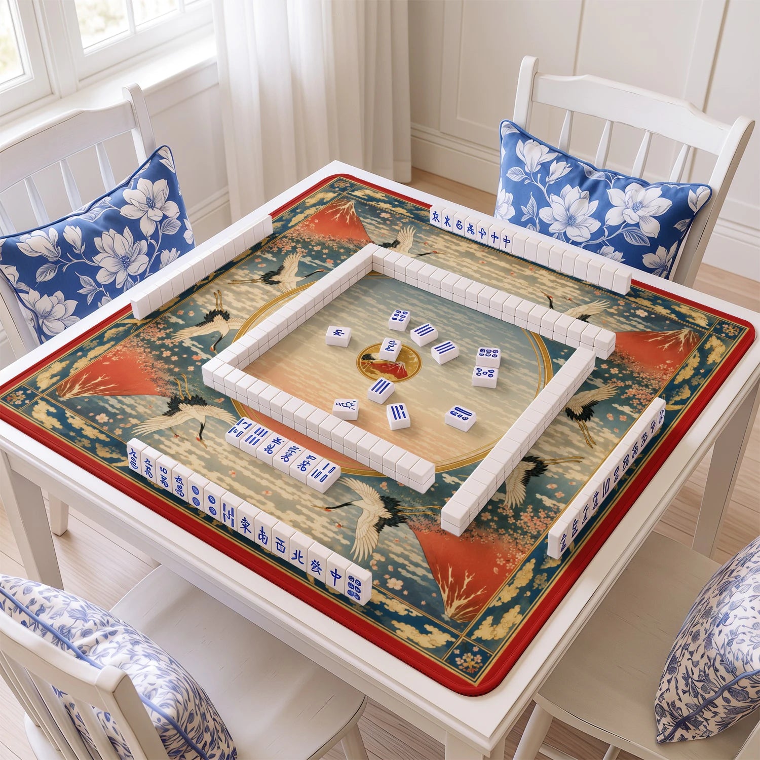 Red Fuji Crane mahjong mat with tiles and racks on the table