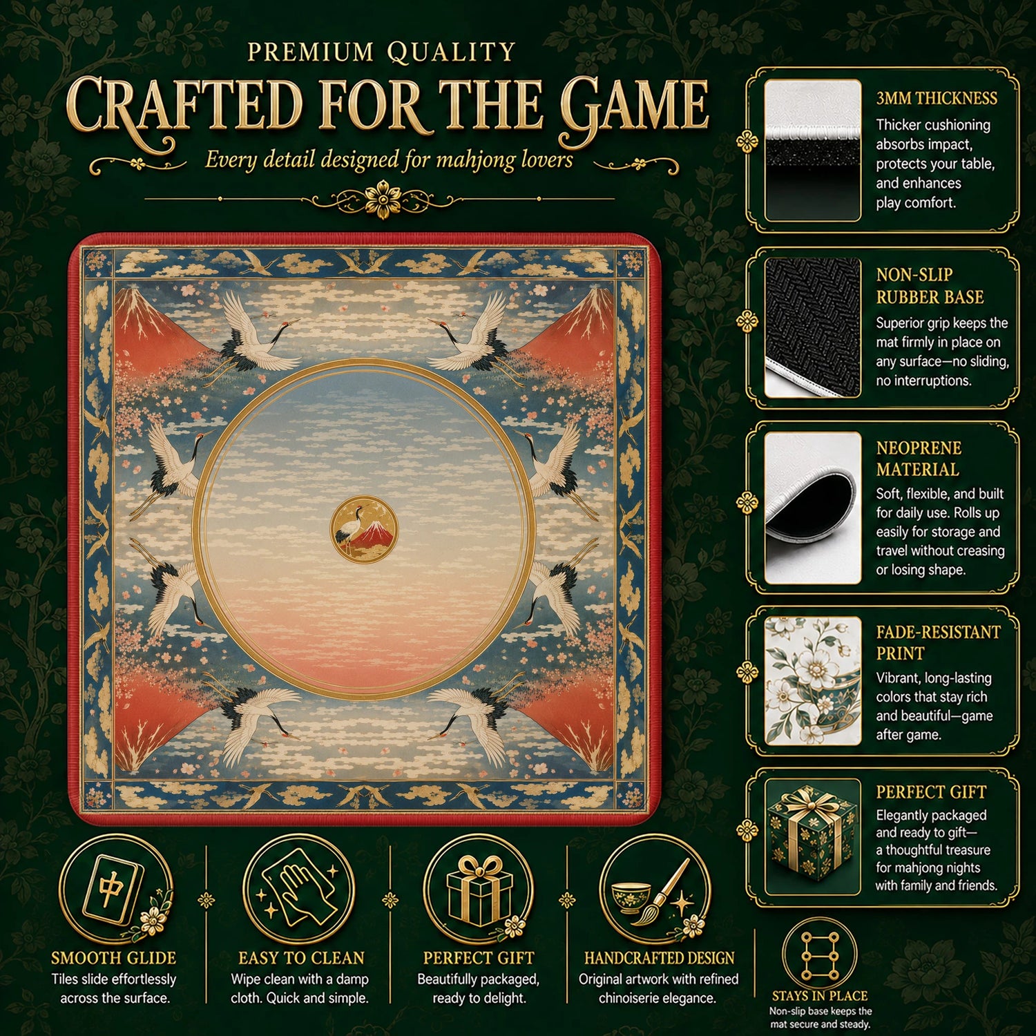 Red Fuji Crane Mahjong Mat – neoprene mah jongg table mat