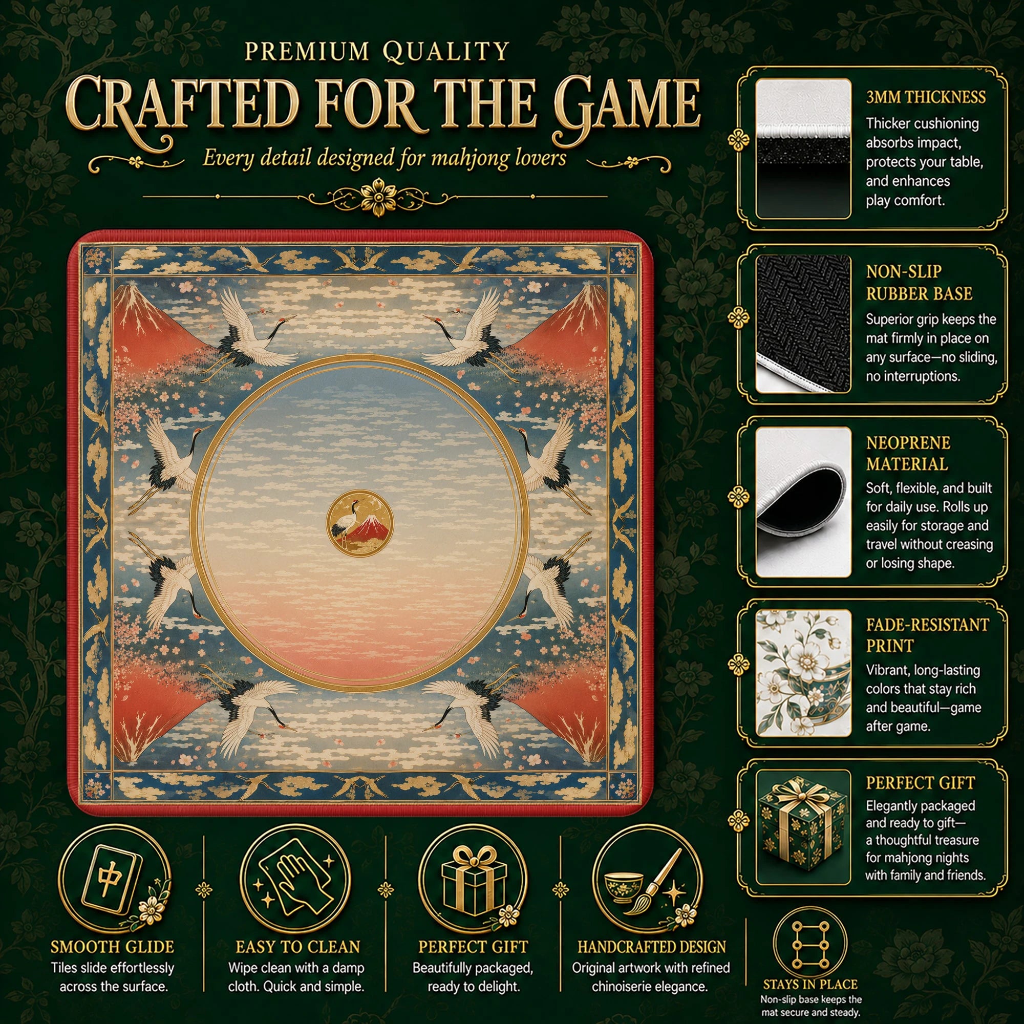 Red Fuji Crane Mahjong Mat – neoprene mah jongg table mat