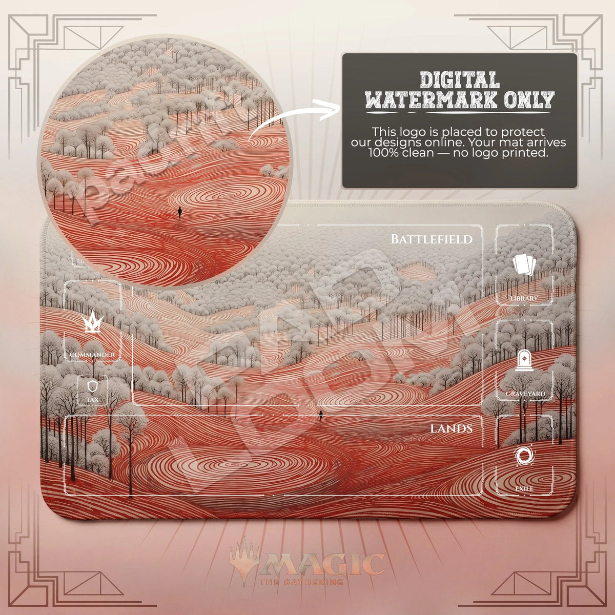 Red Hills Spiral MTG playmat with zones; the Padloom watermark is digital only, not printed