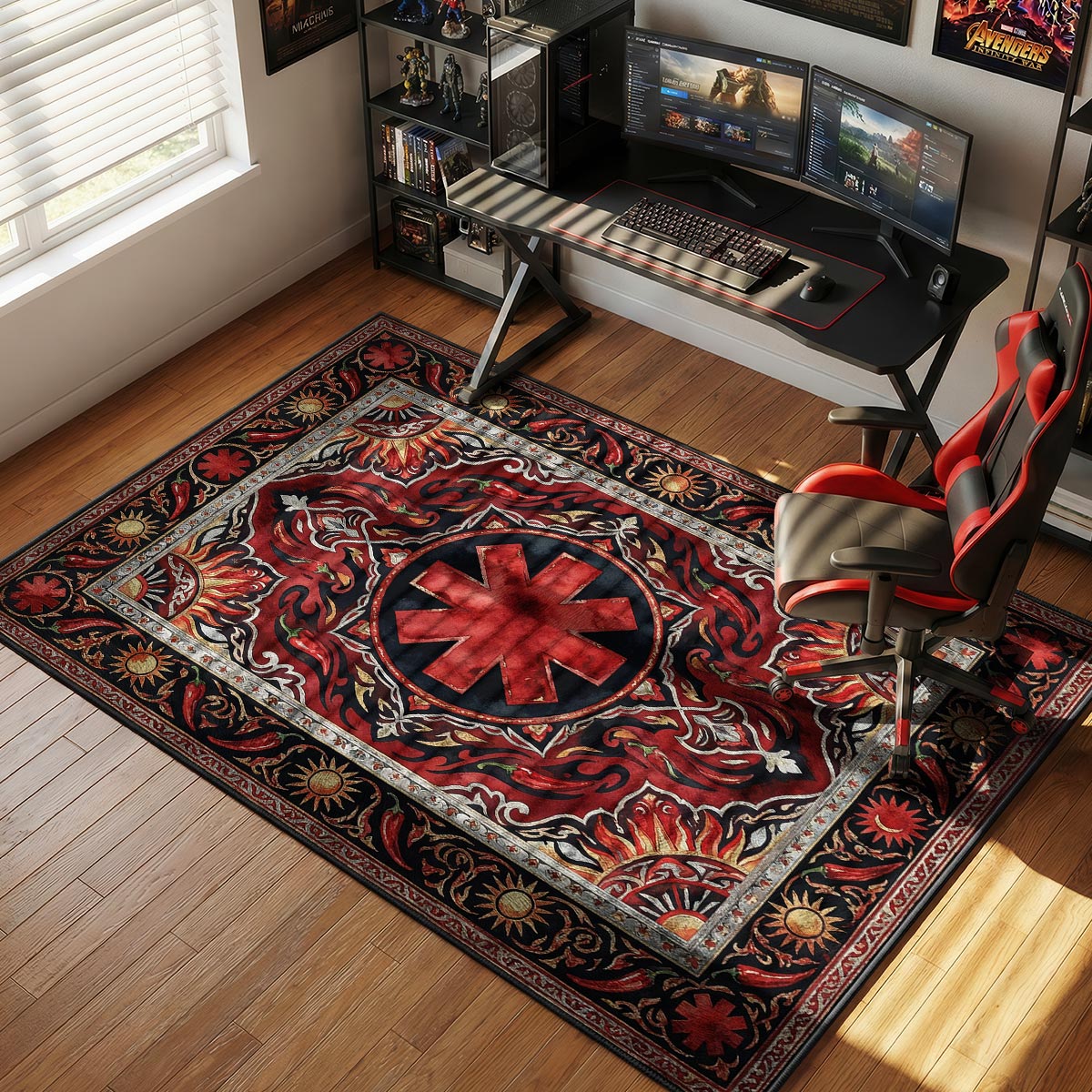 RHCP rock rug placed in a warm-lit living room with neutral walls and wooden furniture