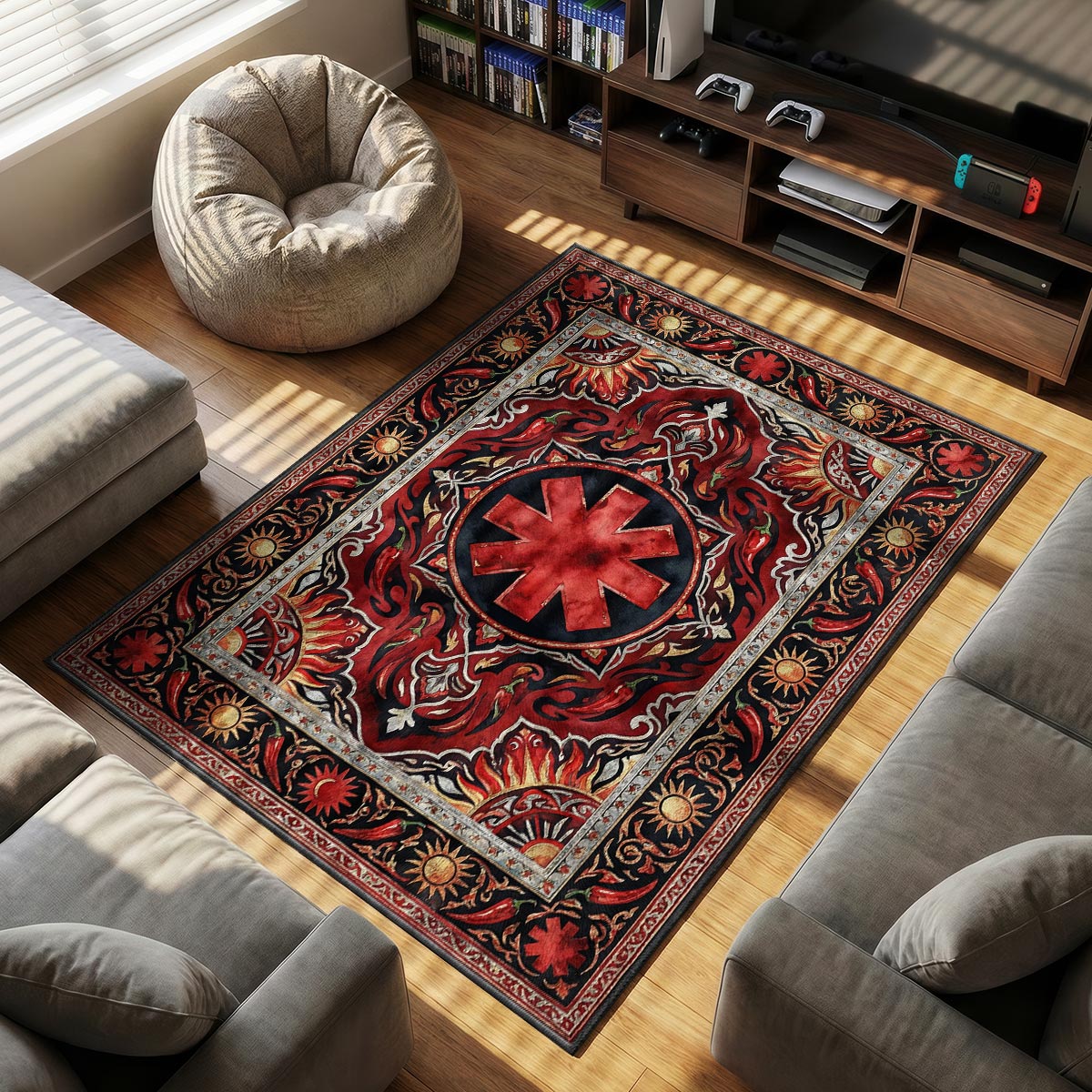 Close-up of Red Hot Chili Peppers rug showing asterisk detail and golden sun border on velvet surface