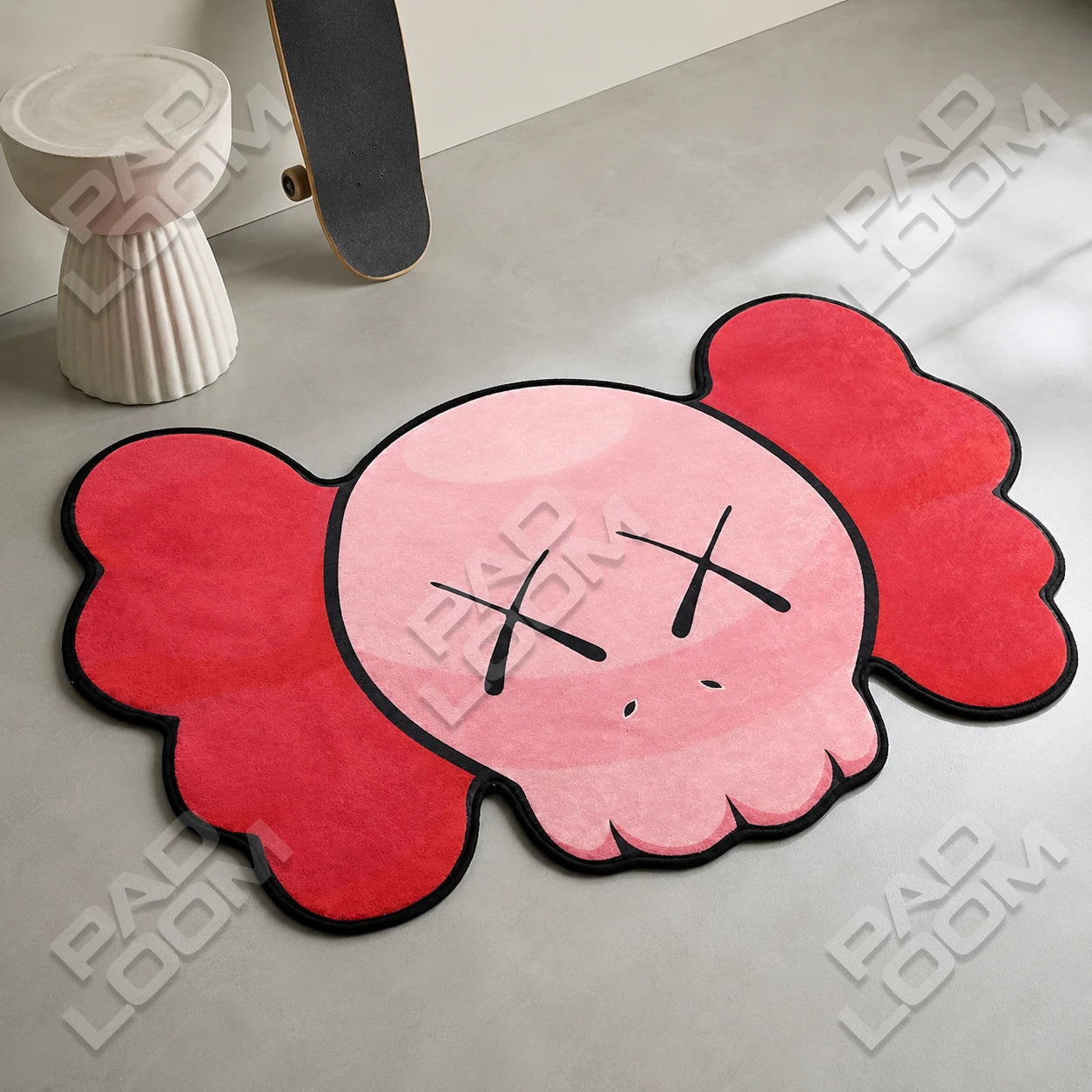 Red KAWS Skull shaped rug close-up, soft washable pile