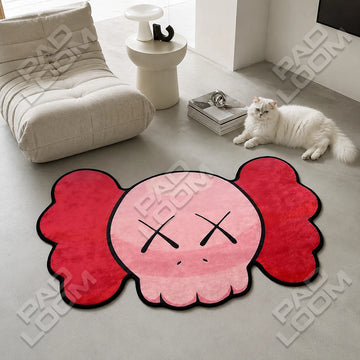 Red KAWS Skull shaped area rug, die-cut man cave rug