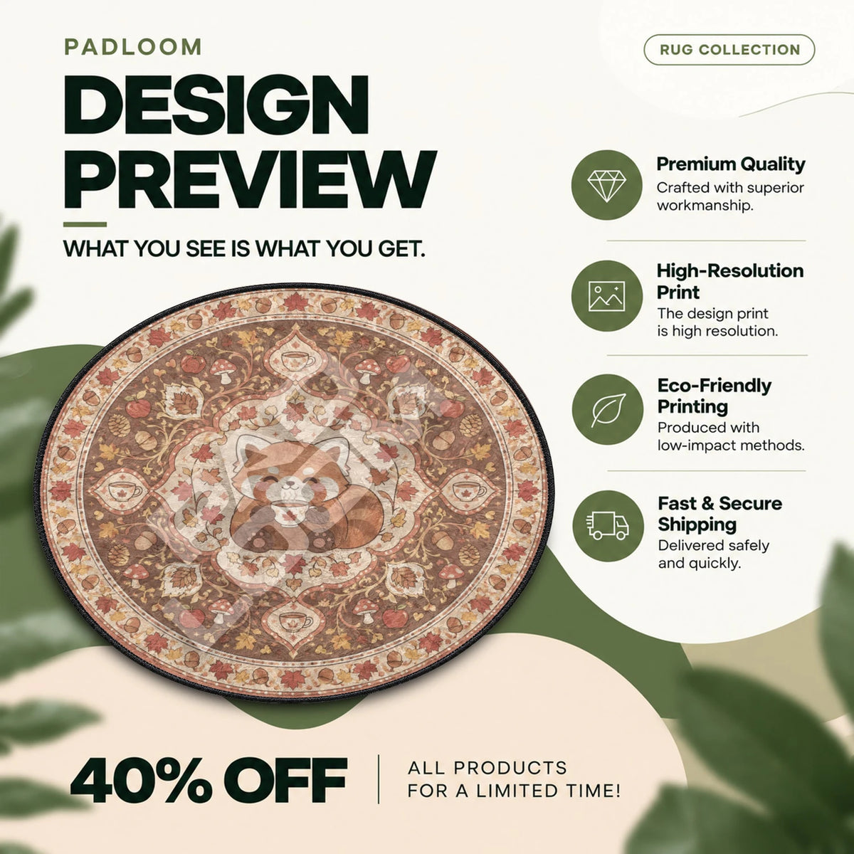 Red Panda Sipping kawaii round rug full design preview