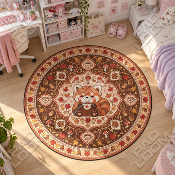 Red Panda Sipping kawaii round rug on a bedroom floor - kawaii chair mat