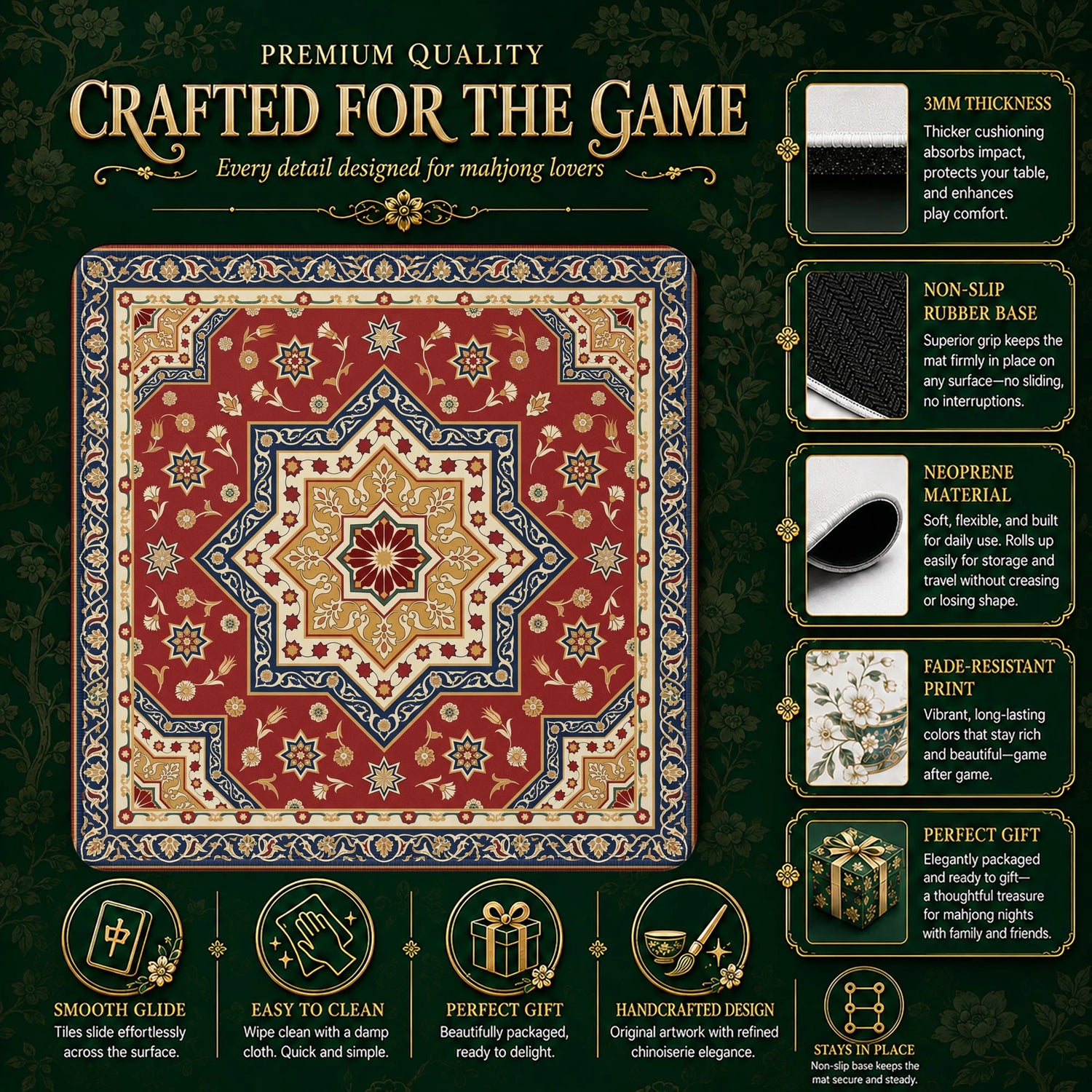 Red Persian Star Mahjong Mat - Mah Jongg Table Mat