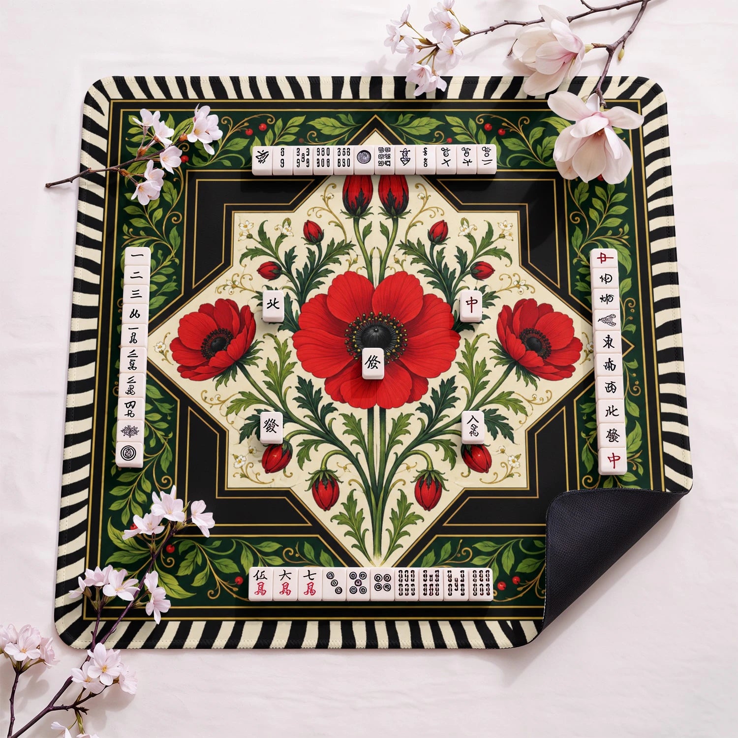 Red Poppy design close-up on mahjong mat surface