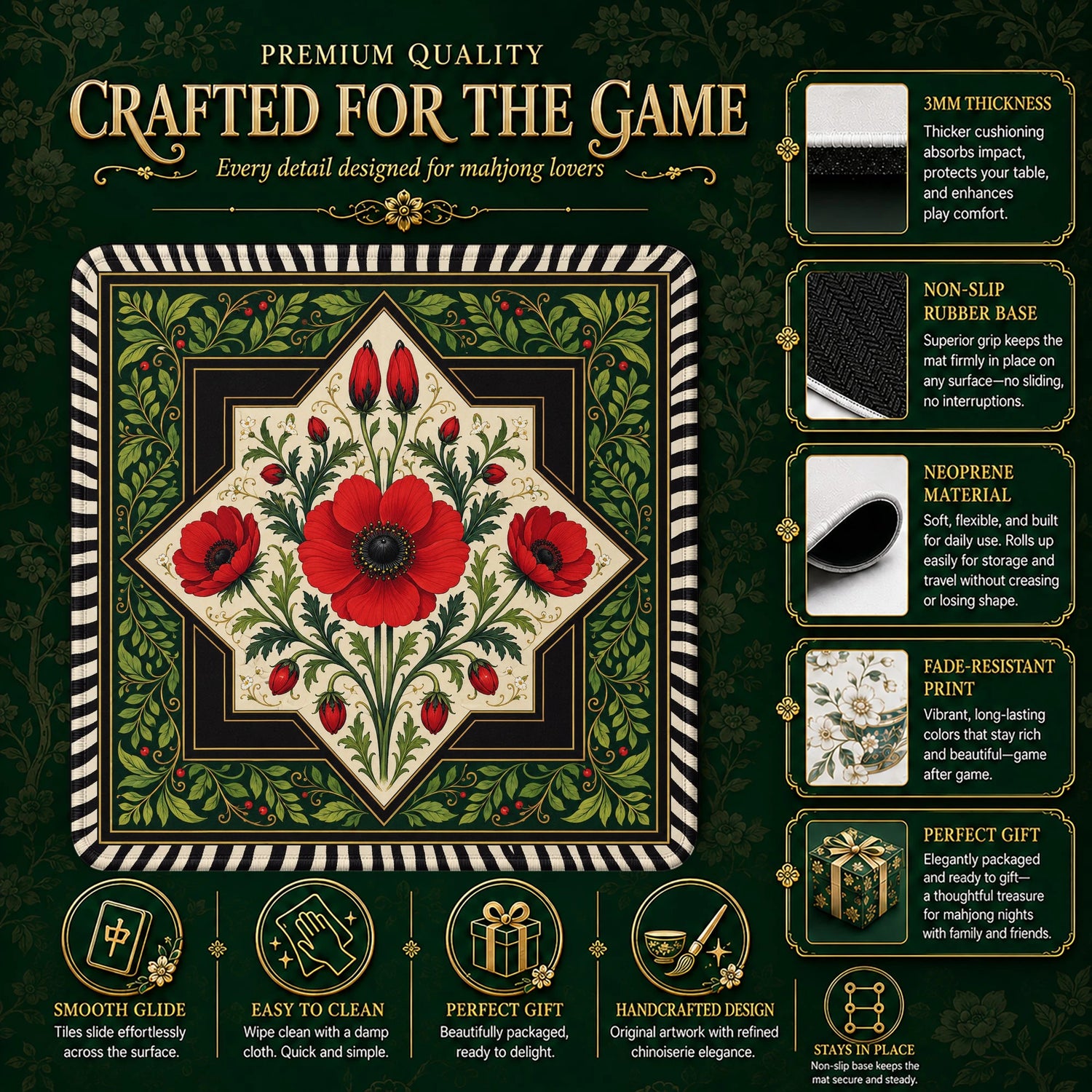 Red Poppy Mahjong Mat – neoprene mah jongg table mat