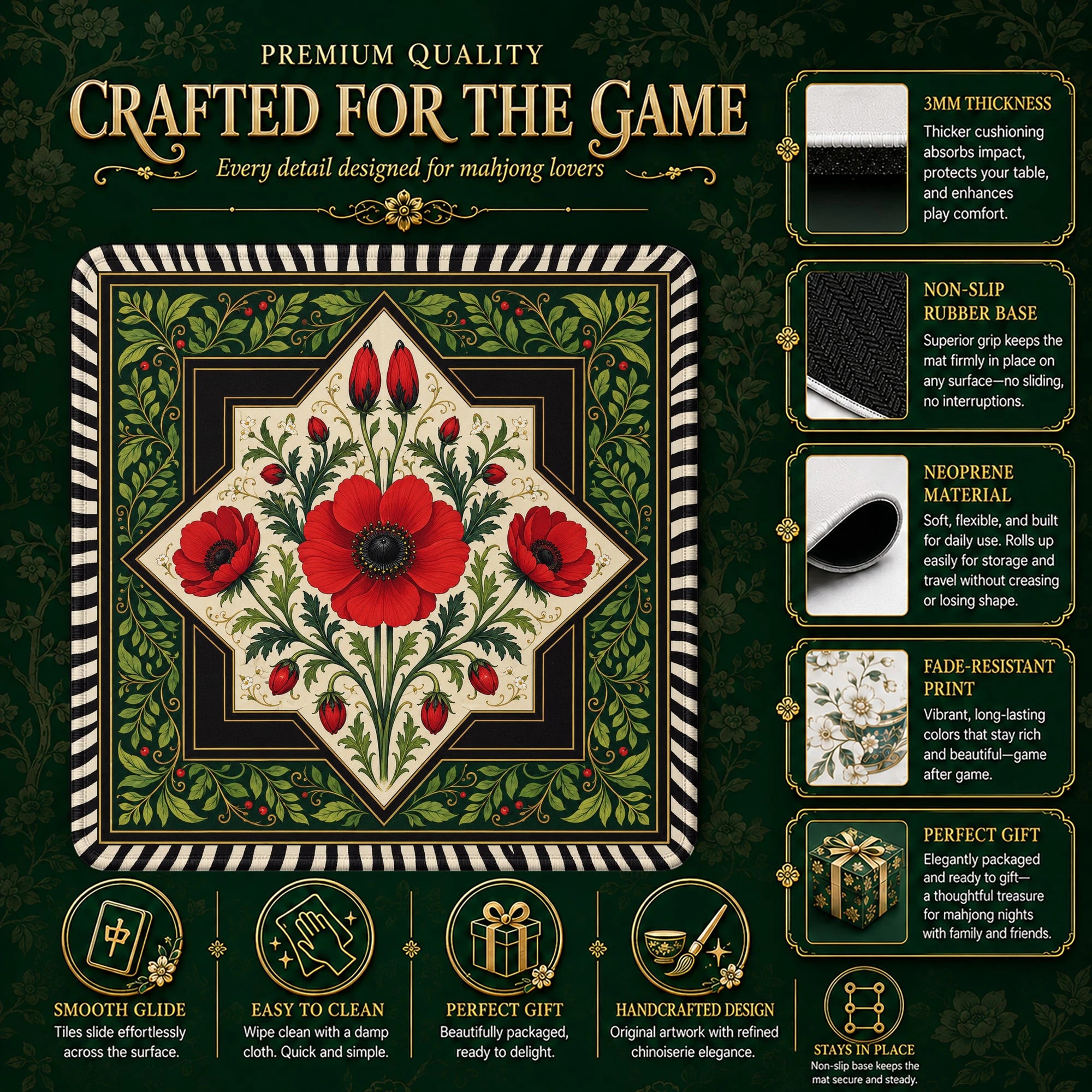 Red Poppy Mahjong Mat – neoprene mah jongg table mat