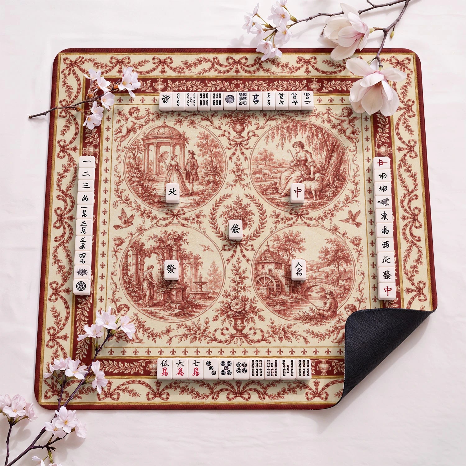 Red Toile design close-up on mahjong mat surface