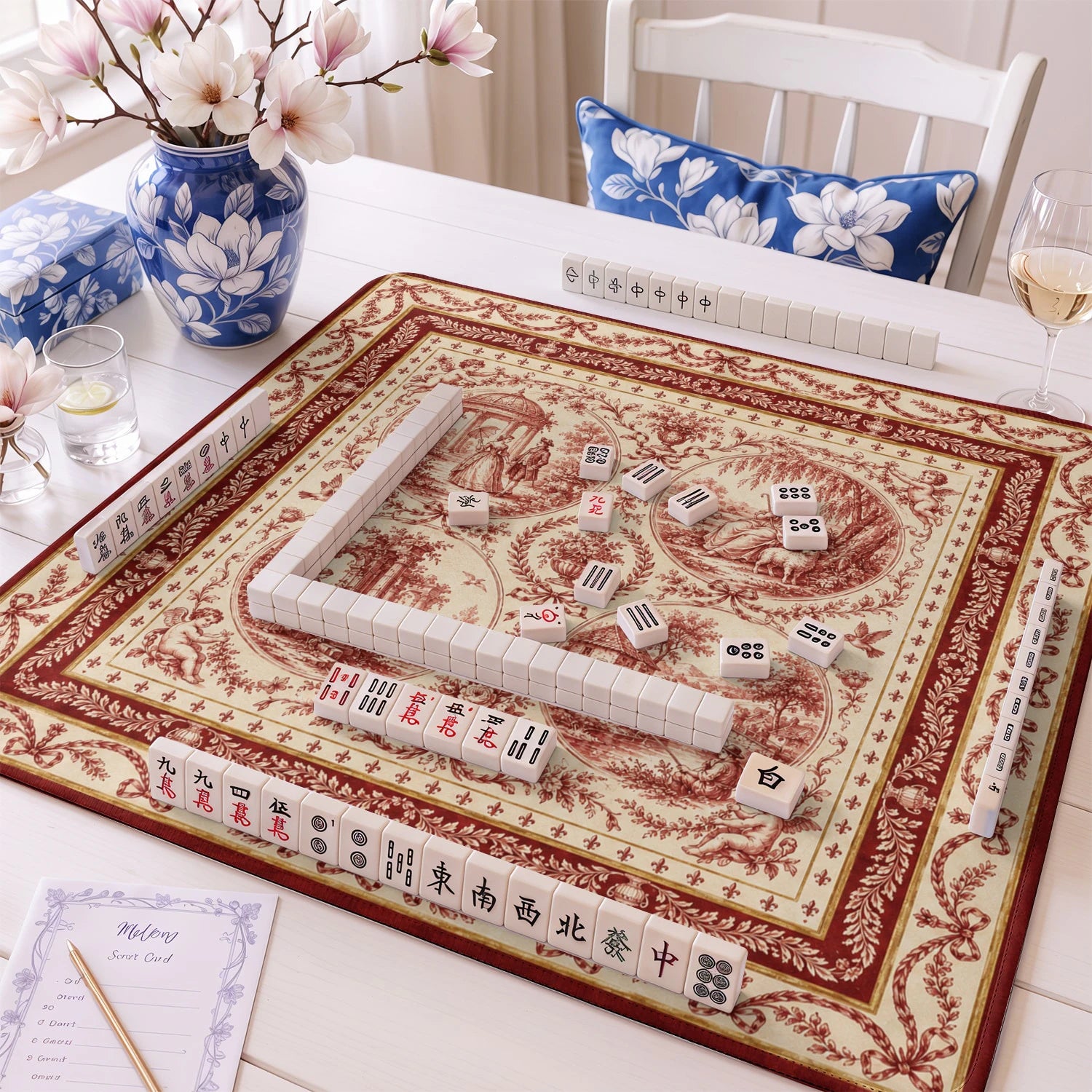 Red Toile mahjong mat – M (60x60 cm) and L (81x81 cm) sizes