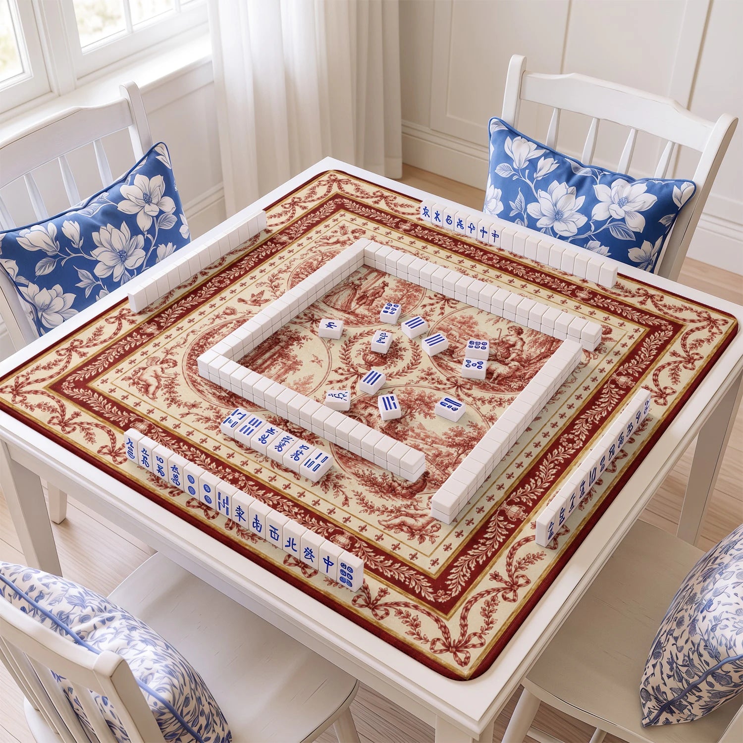 Red Toile mahjong mat with tiles and racks on the table