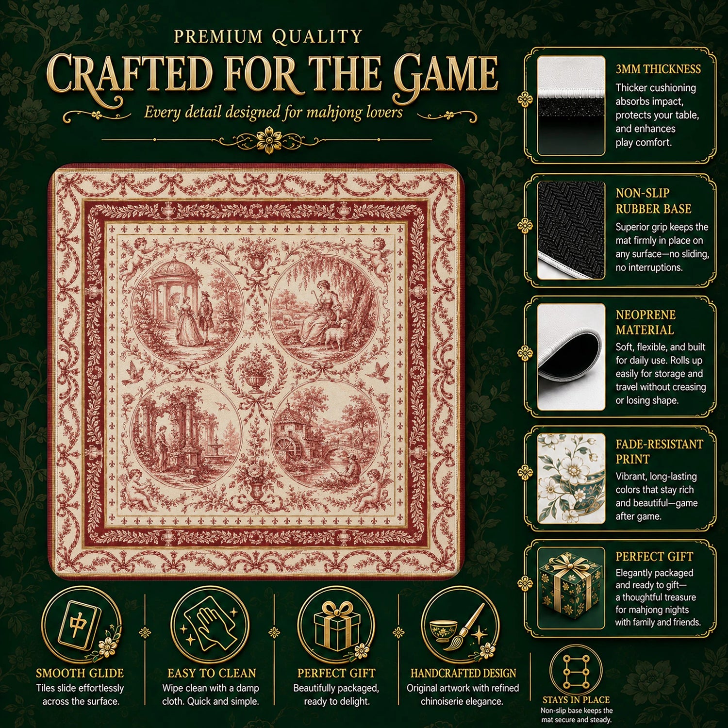 Red Toile Mahjong Mat – neoprene mah jongg table mat