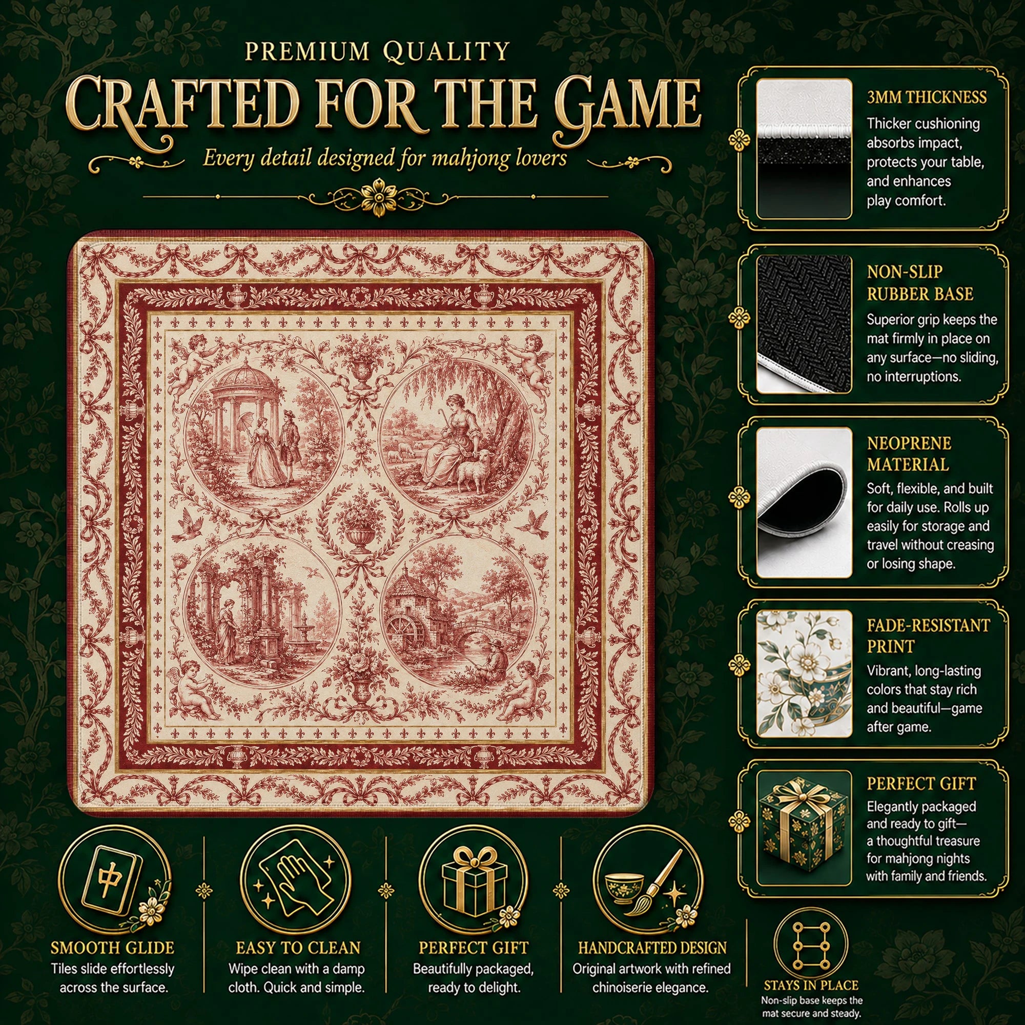 Red Toile Mahjong Mat – neoprene mah jongg table mat
