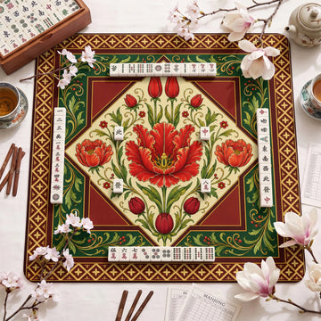 Red Tulip Mahjong Mat - Mah Jongg Table Mat