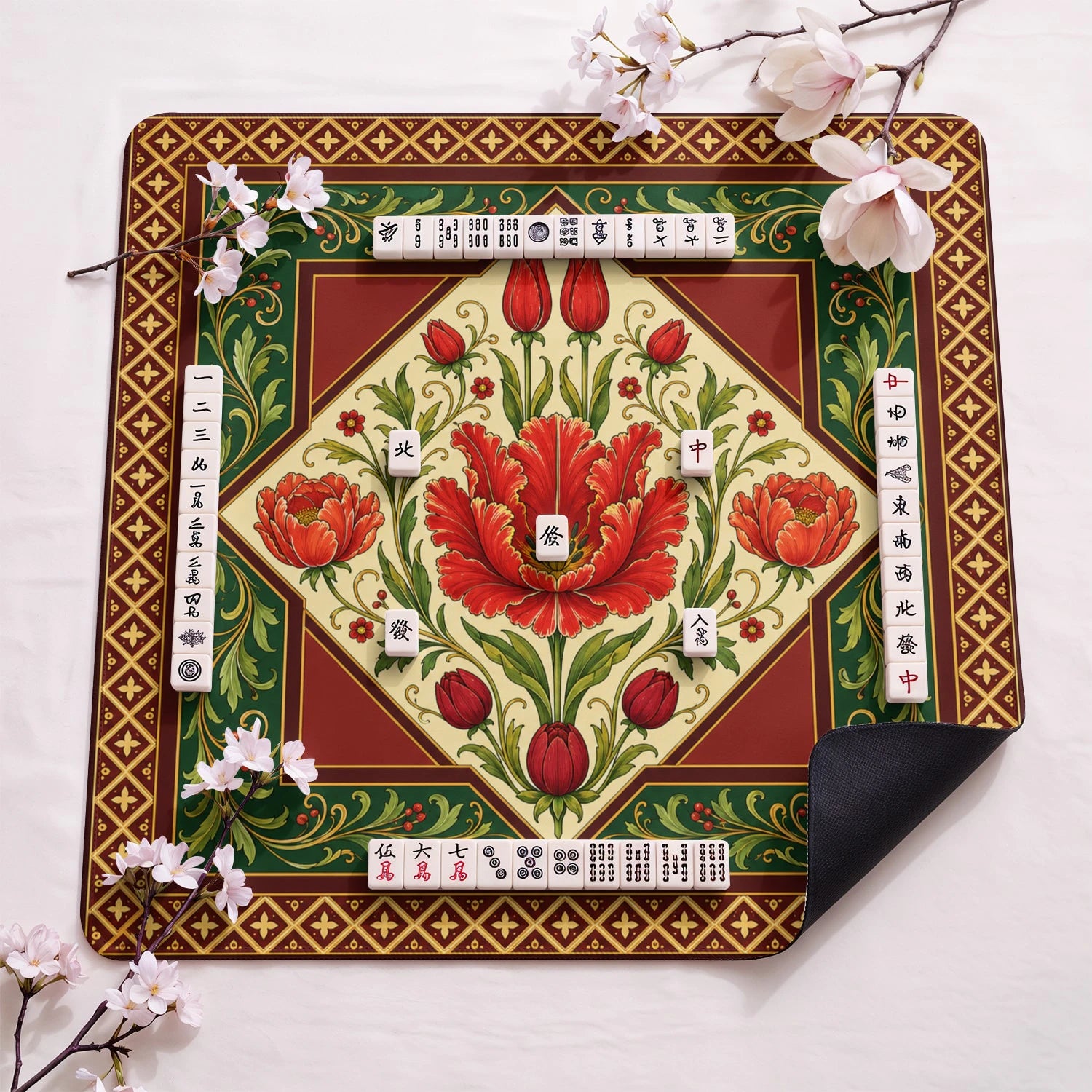Red Tulip Mahjong Mat - Mah Jongg Table Mat