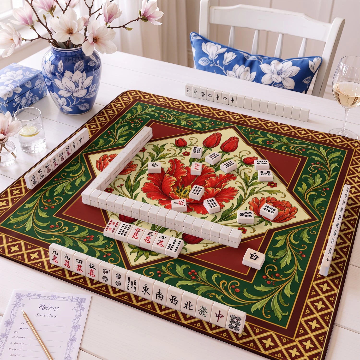 Red Tulip Mahjong Mat - Mah Jongg Table Mat