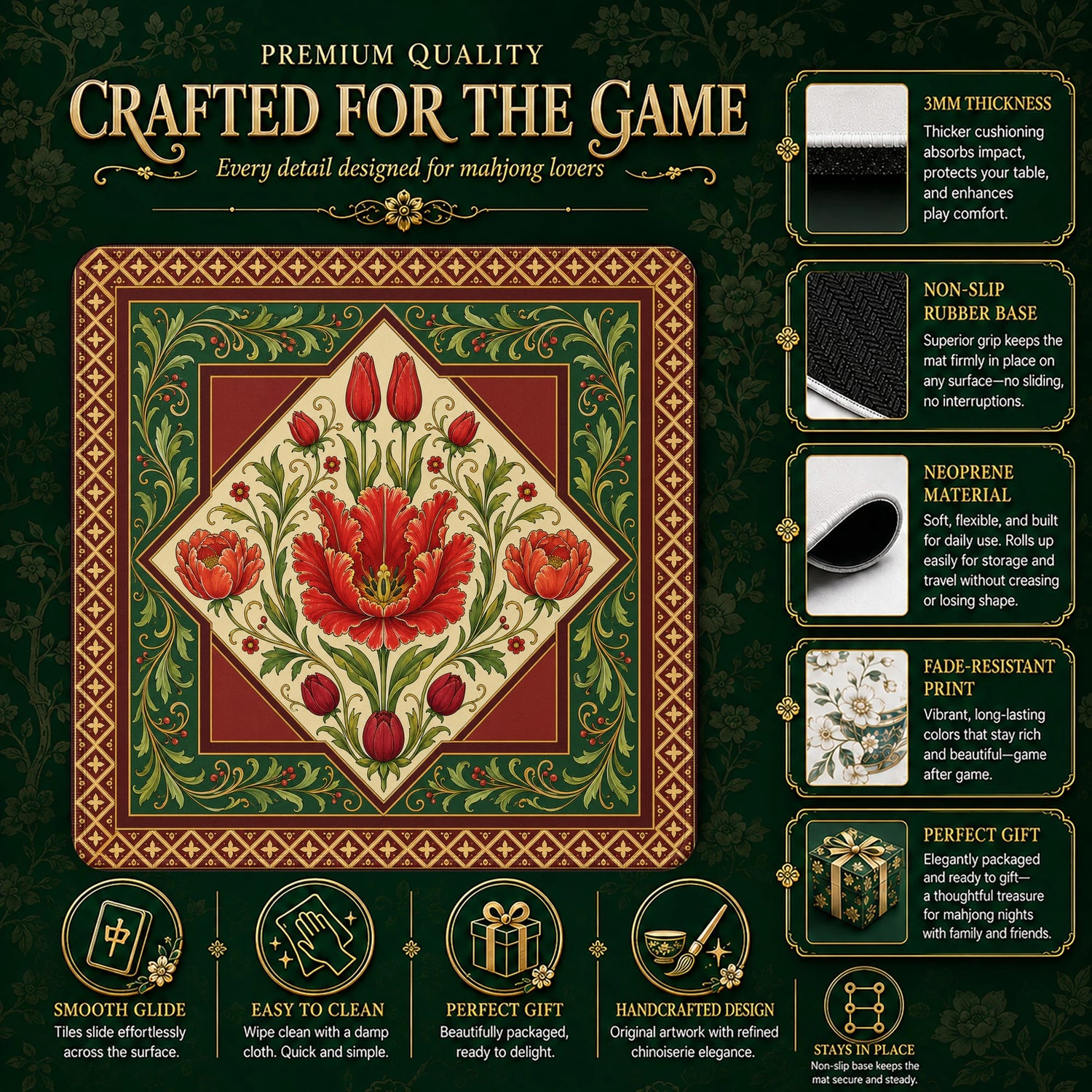 Red Tulip Mahjong Mat - Mah Jongg Table Mat