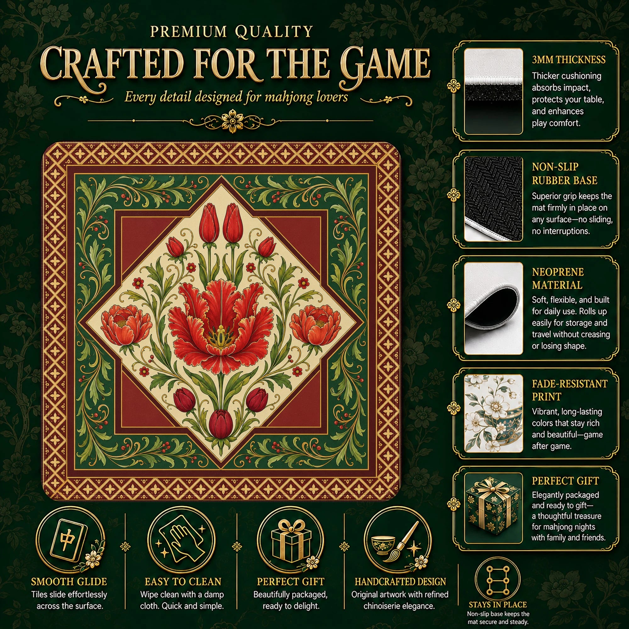 Red Tulip Mahjong Mat - Mah Jongg Table Mat