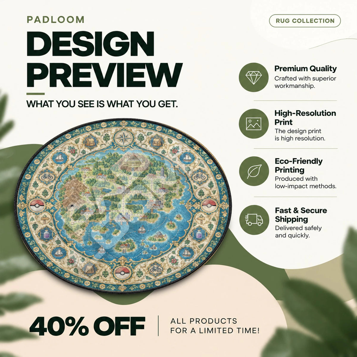 Region Map Compass Pokemon round rug full design preview