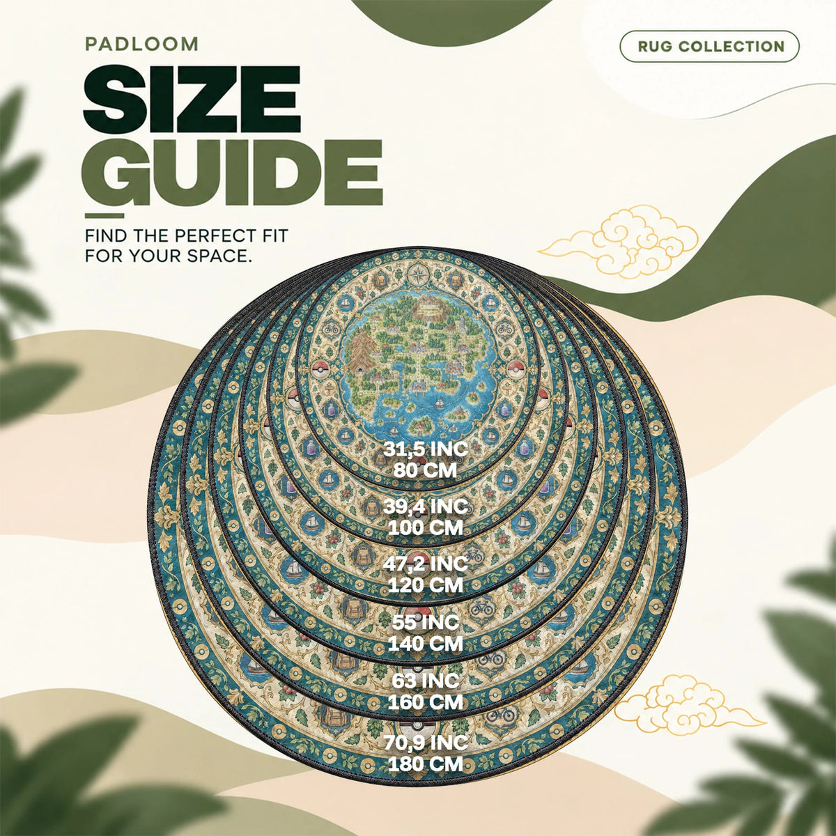 Region Map Compass round rug size guide, 80 to 180 cm (31.5 to 70.9 in)