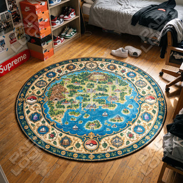 Region Map Compass Pokemon round rug on a bedroom floor - Pokemon chair mat