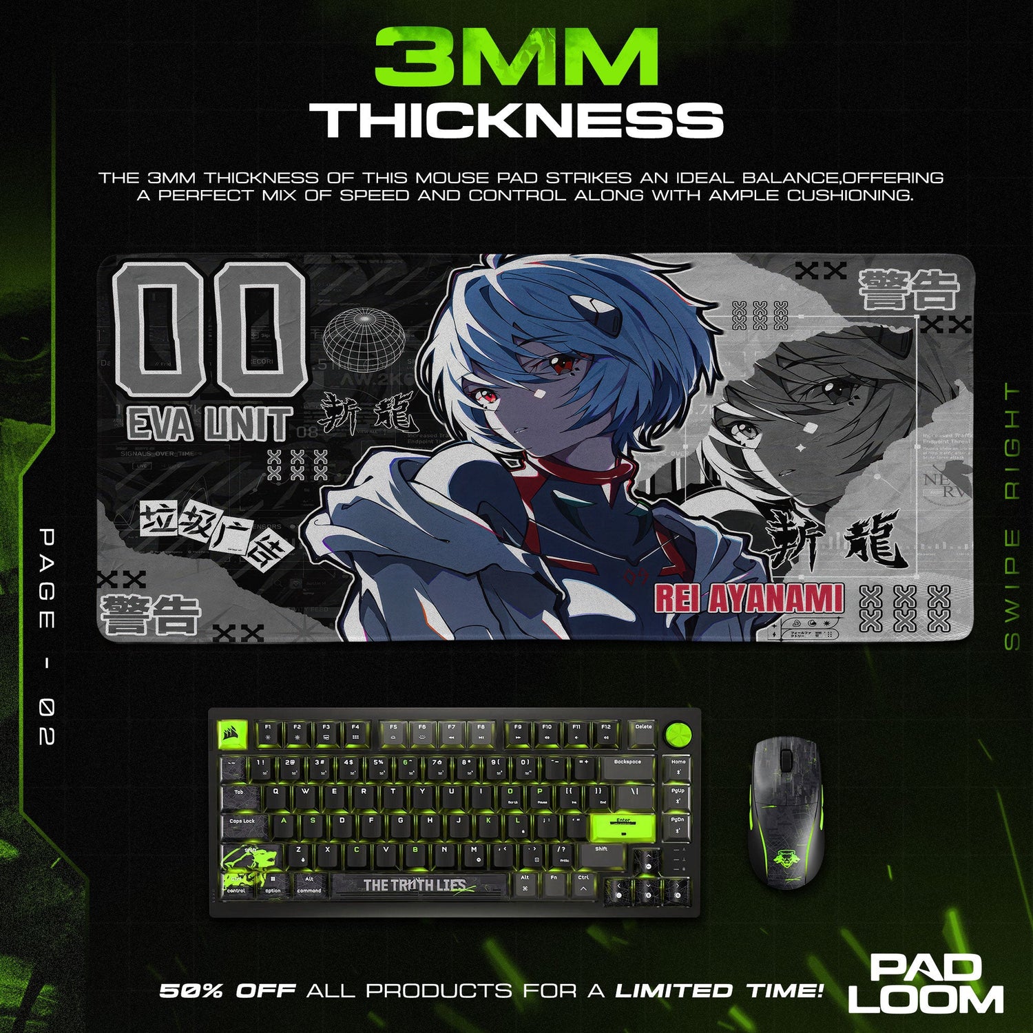 Rei Ayanami EVA Unit 00 Black Mouse Pad, Anime Gaming Desk Mat Padloom