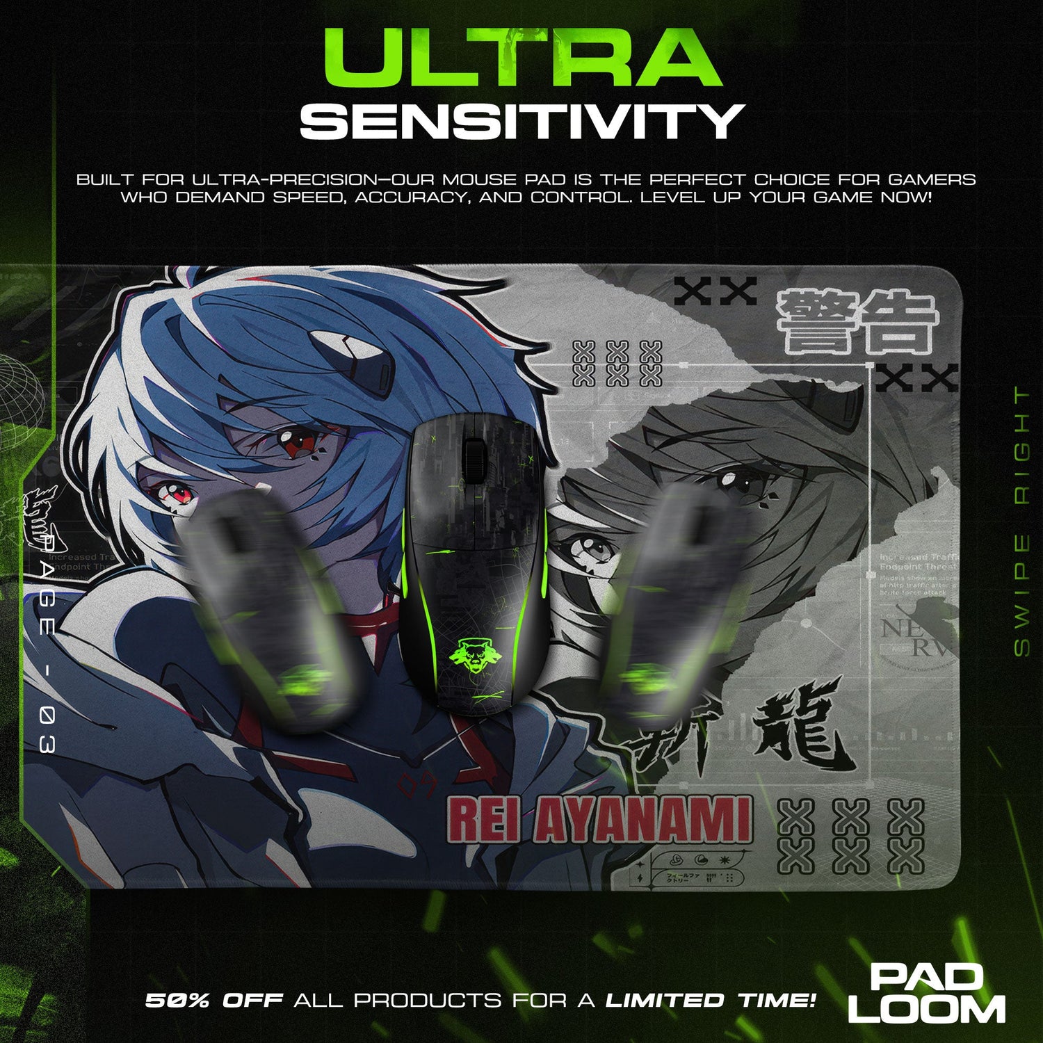 Rei Ayanami EVA Unit 00 Black Mouse Pad, Anime Gaming Desk Mat Padloom