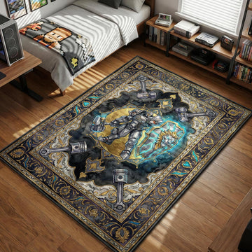 Reinhardt from Overwatch displaying rocket hammer and lion barrier shield in art nouveau style gaming area rug and floor mat