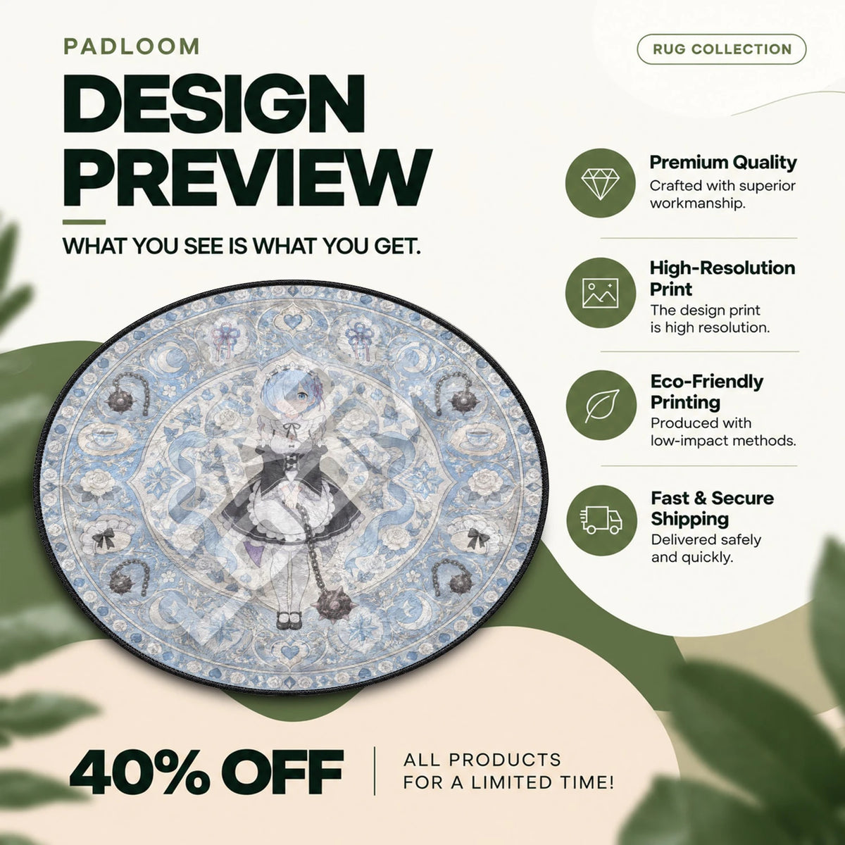 Rem Porcelain Re Zero round rug full design preview
