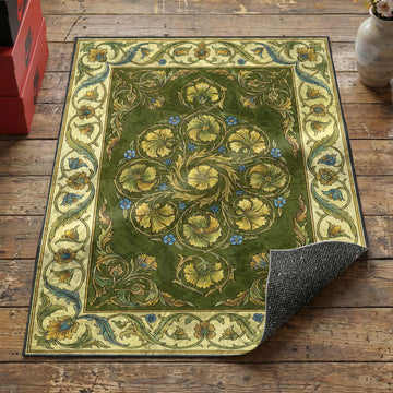 Renaissance carnation area rug with yellow spiral blooms and blue forget-me-nots on olive green field