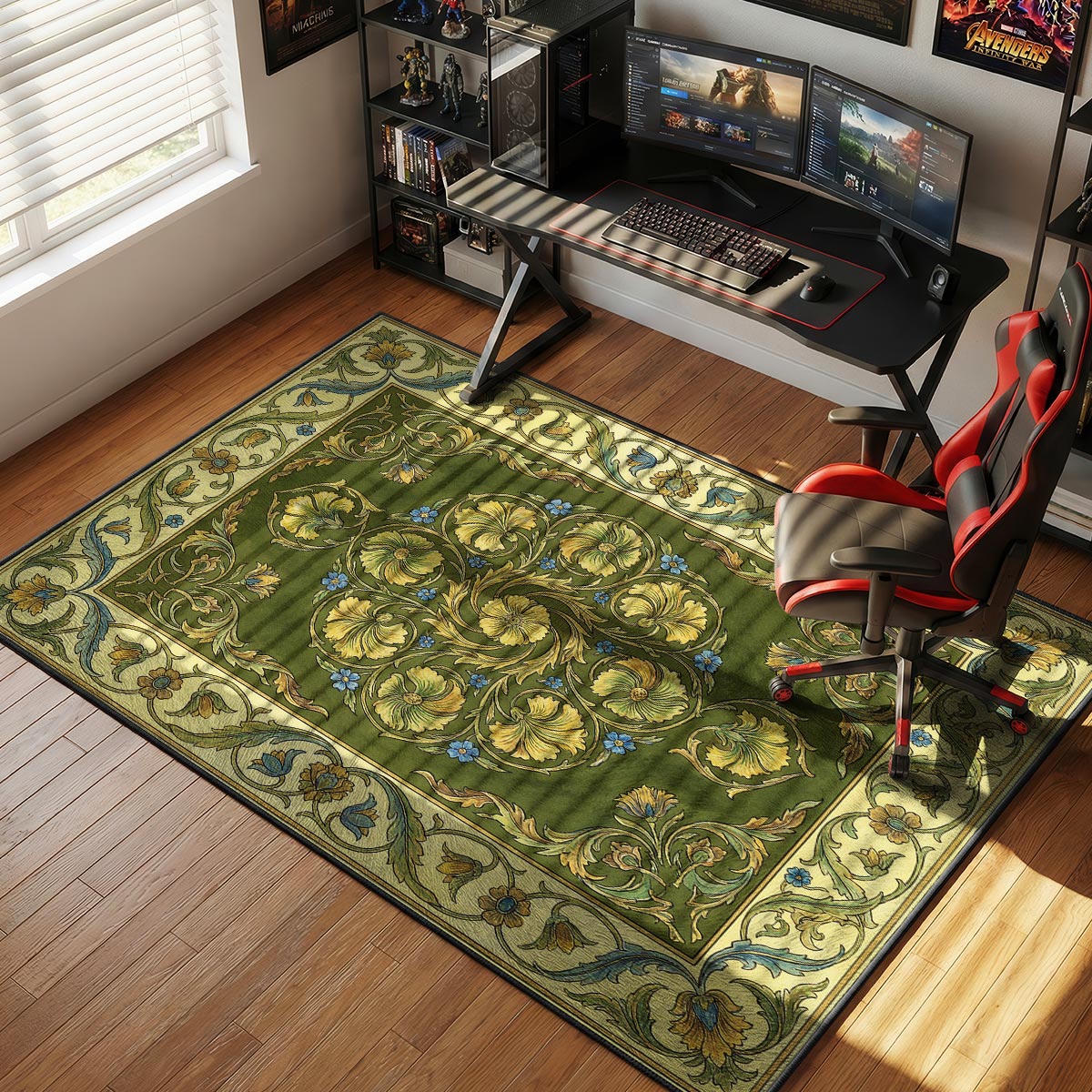 Olive carnation rug placed in a traditional study with dark wood desk and warm table lamp