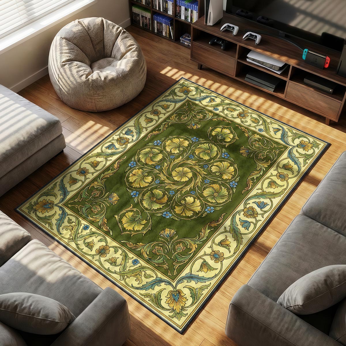 Close-up of Renaissance carnation rug showing spiral petal detail and cream border scrollwork on velvet