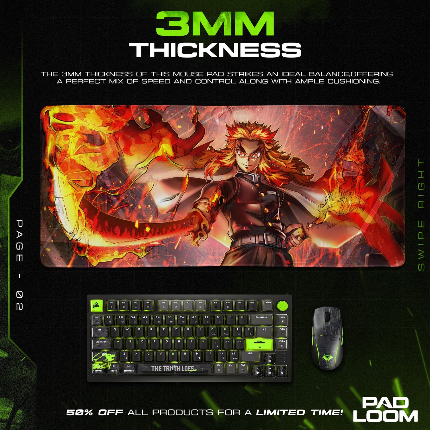 Rengoku Flame Pillar Mouse Pad, Demon Slayer Gaming Desk Mat Padloom