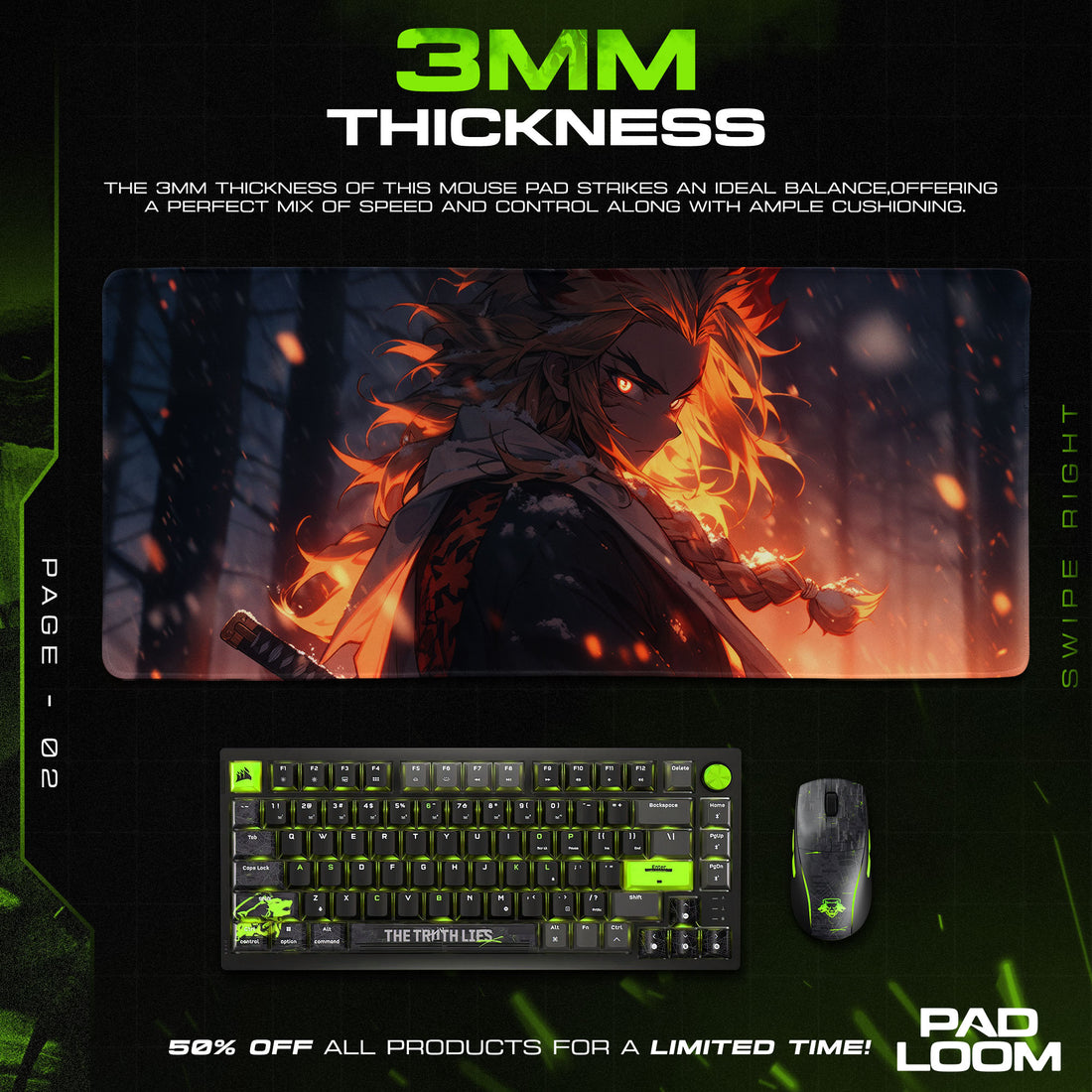 Rengoku Flame Resolve Mouse Pad, Anime Gaming Desk Mat