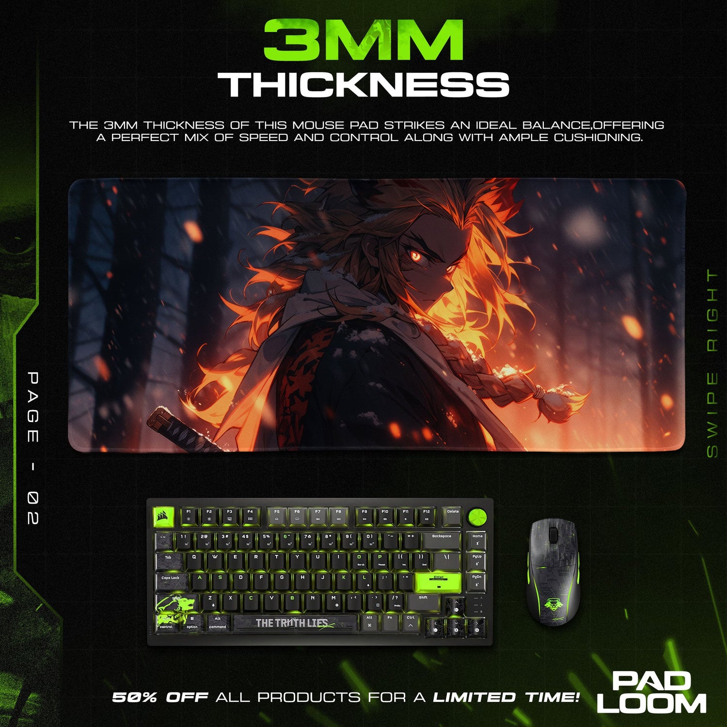 Rengoku Flame Resolve Mouse Pad, Anime Gaming Desk Mat Padloom