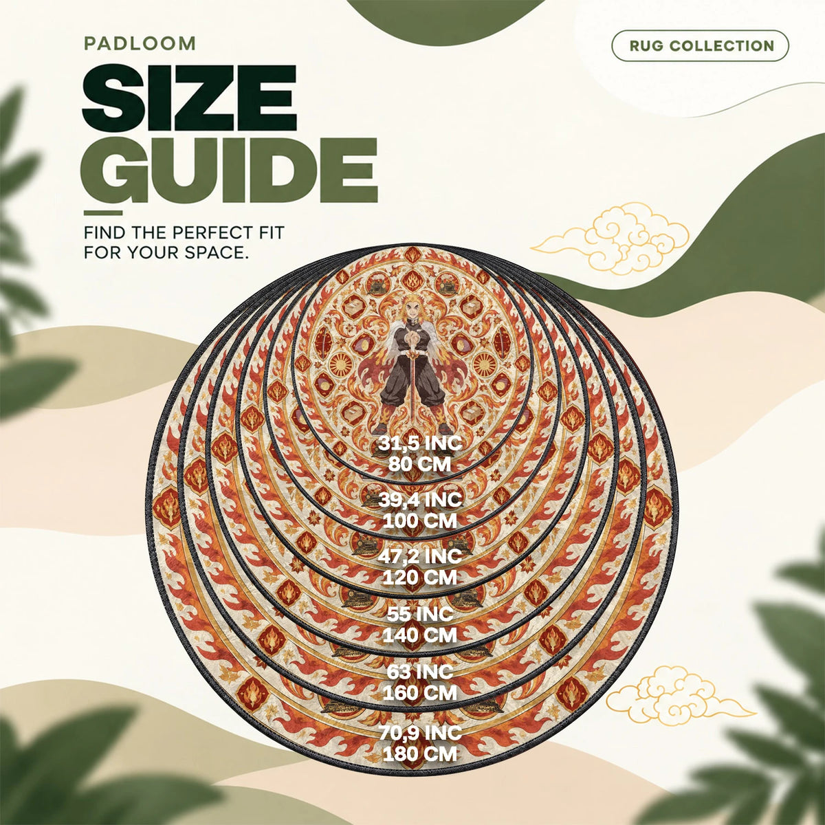 Rengoku Flame round rug size guide, 80 to 180 cm (31.5 to 70.9 in)