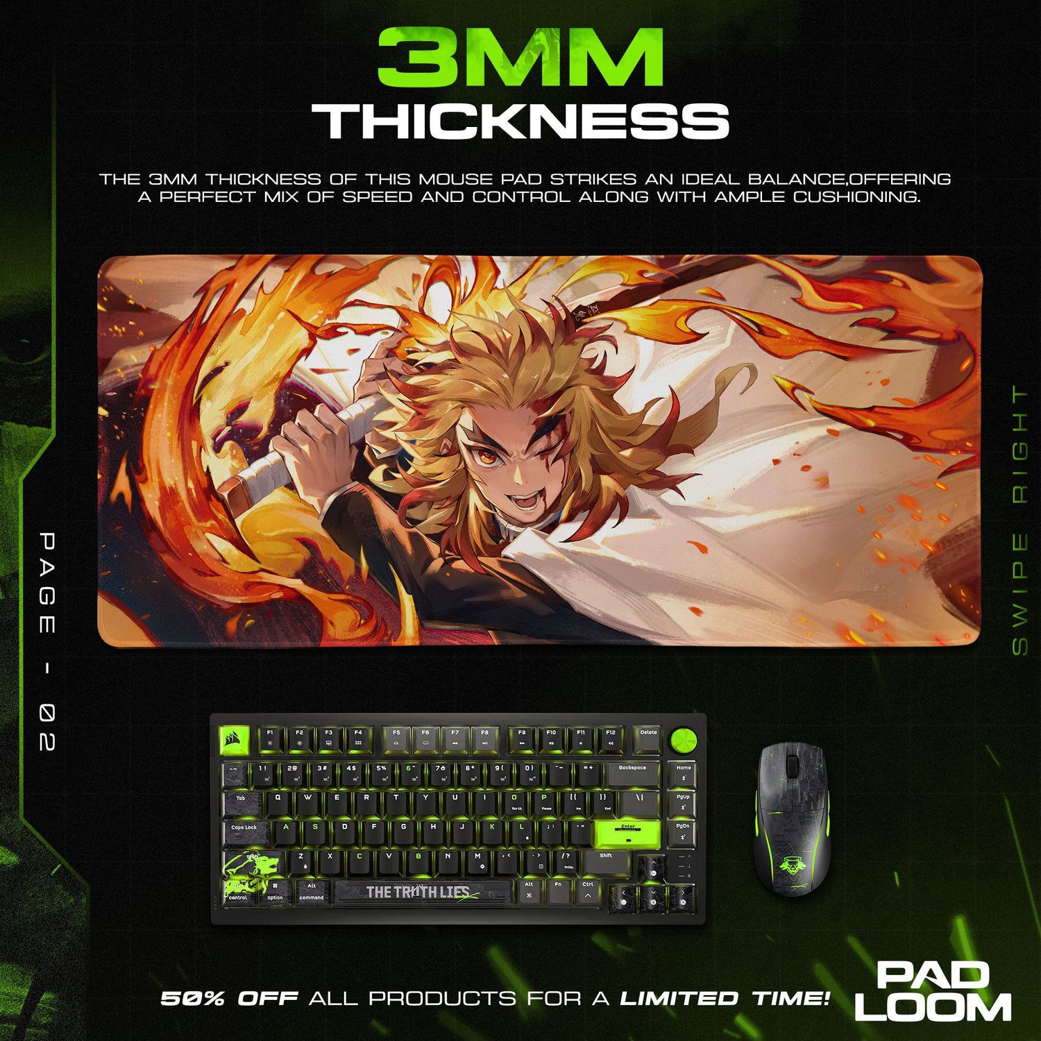 Rengoku Flame Strike Mouse Pad, Demon Slayer Anime Desk Mat Padloom