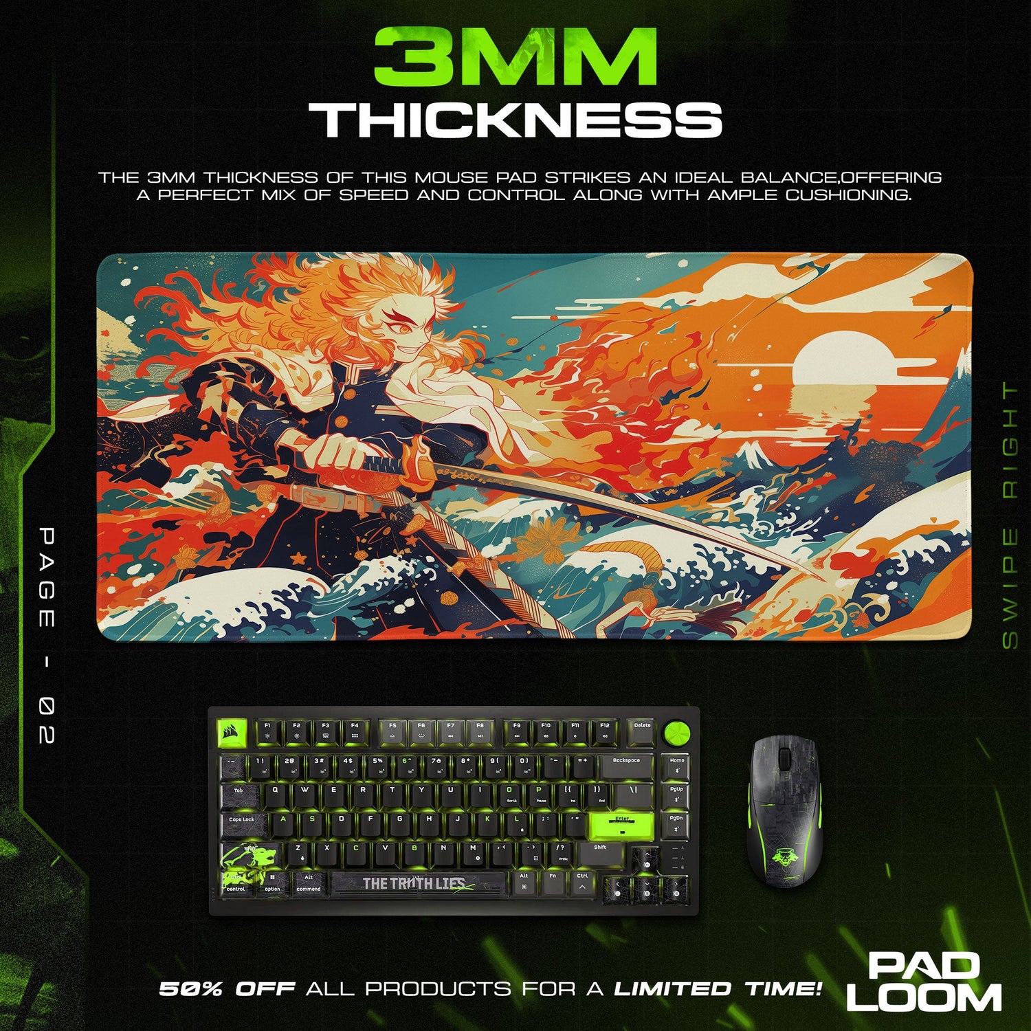 Rengoku Mouse Pad, Flame Hashira Gaming Desk Mat Padloom