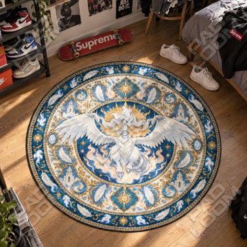 Reshiram Sunburst Pokemon round rug on a bedroom floor - Pokemon chair mat