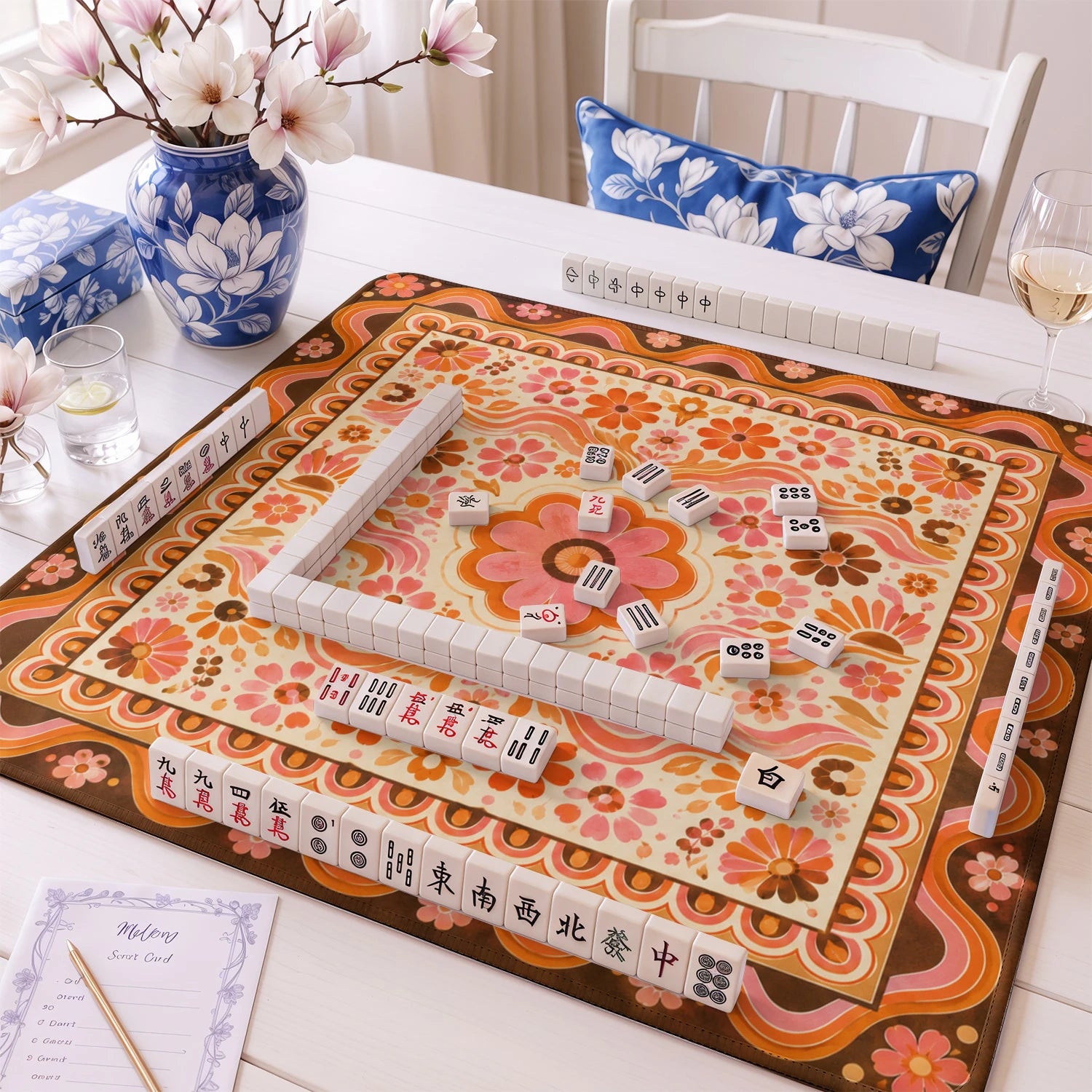 Retro Blush Bloom mahjong mat – M (60x60 cm) and L (81x81 cm) sizes